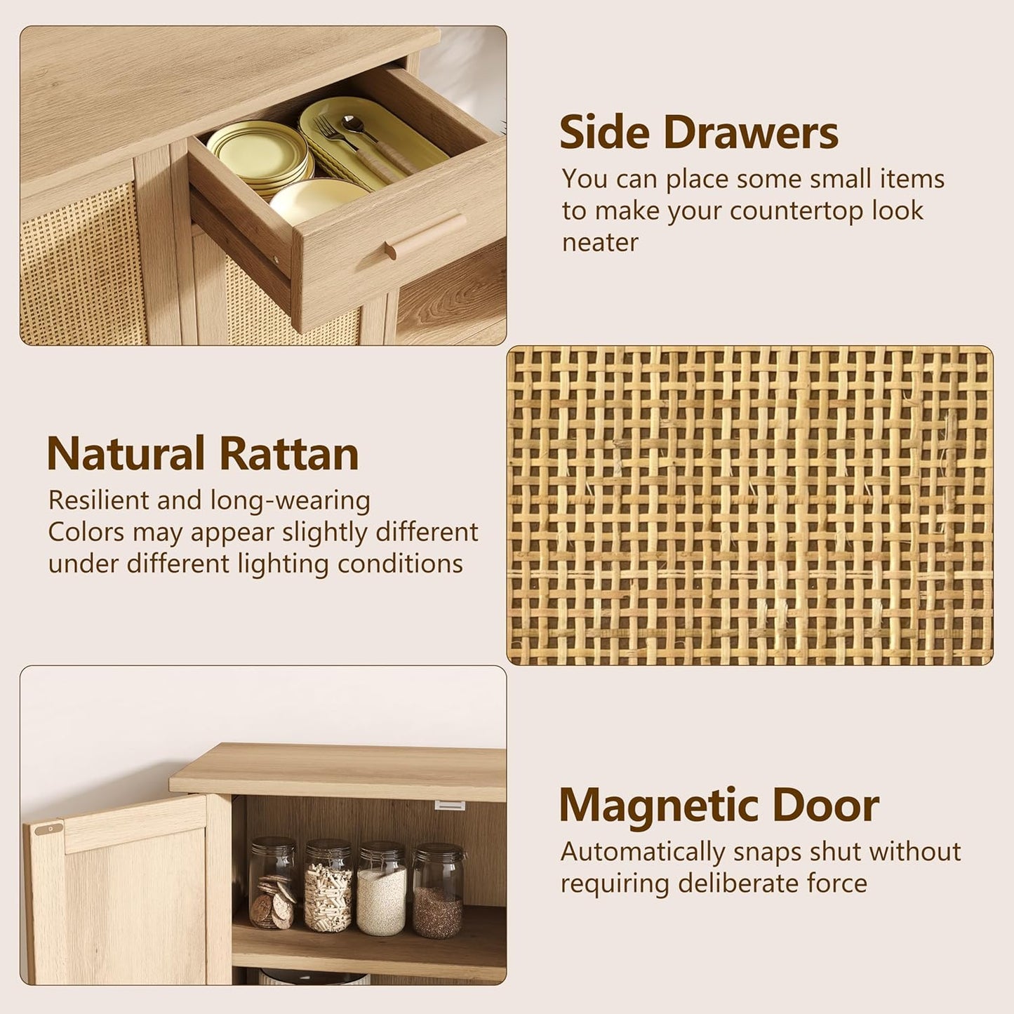 Buffet Cabinet with Storage, Rattan Storage Cabinet with 3 Doors & Drawer, Accent Kitchen Sideboard with Adjustable Shelves, Coffee Bar Cabinet for Living Room, Entryway, Natural Oak