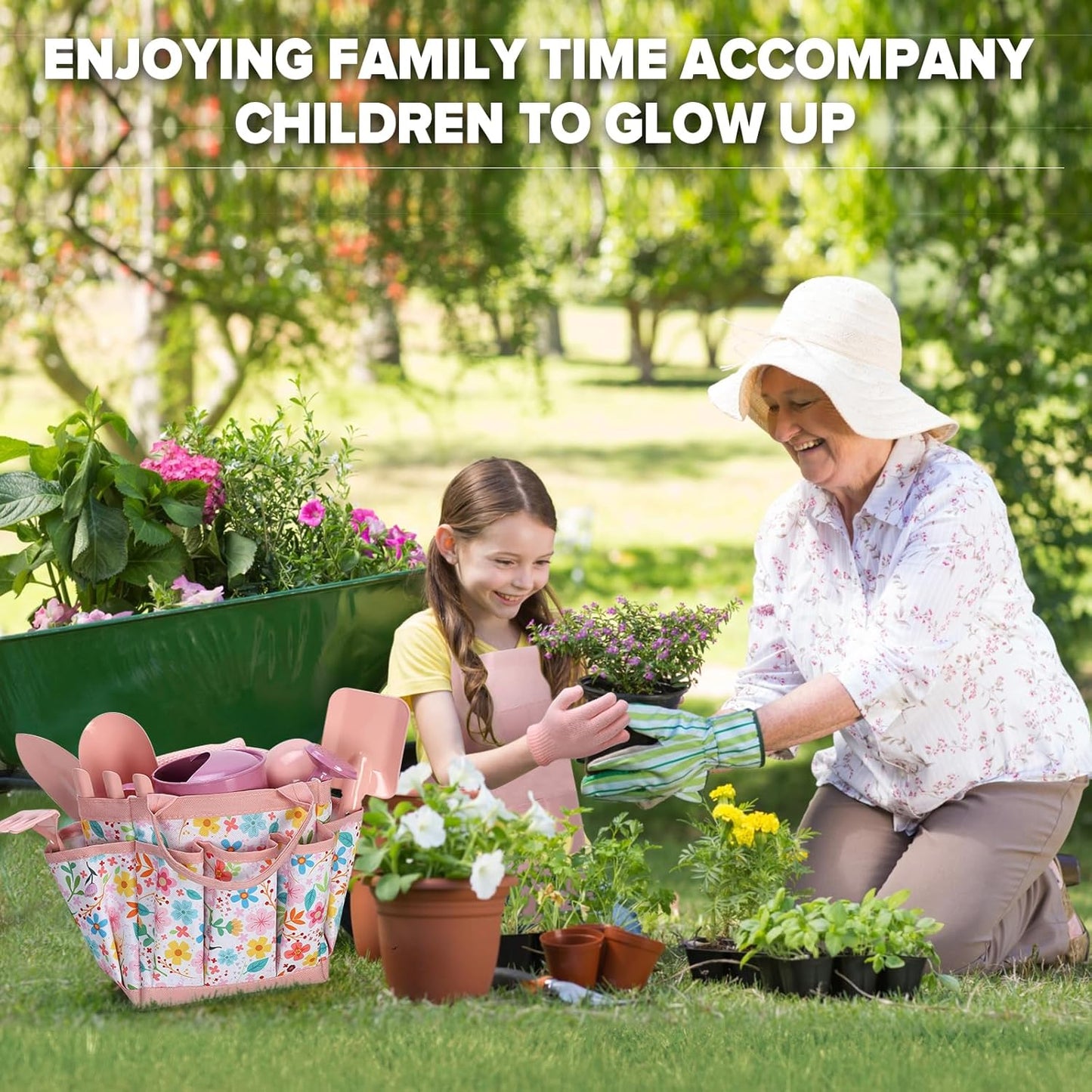 Kids Gardening Set 14Pcs Garden Tools with Tote Bag,Watering Can, Shovel, Apron, Garden Book and More Educational STEM Learning Outdoor for Toddlers Boys Girls (Floral)