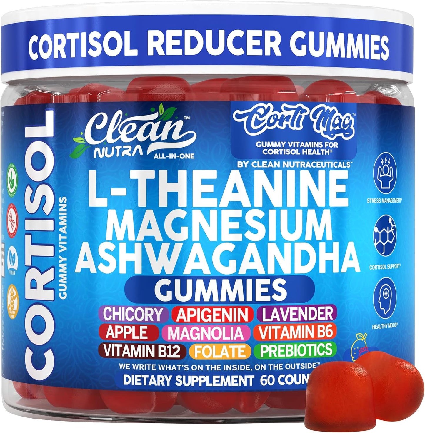 Clean Nutra Cortisol Supplement Gummies L-Theanine Magnesium Ashwagandha Apigenin Vitamin B6 Sleep and Calm Support Lavender Chicory Prebiotic Advanced Gummy Formula