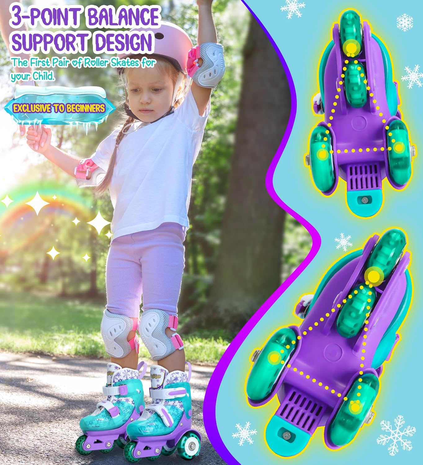 Adjustable Roller Skates for Kids Girls Ladies with Light Up Flash Wheels(Age 3-9),Three-Point Type Balance,Gift Box Packing for Toddlers,Children