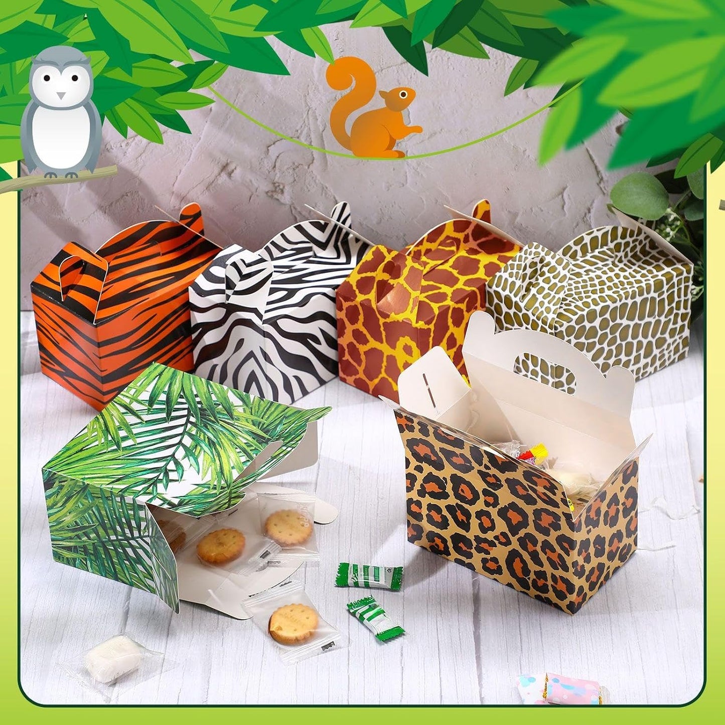 Spakon 24 Pcs Safari Gift Bags Bulk Jungle Animal Party Favor Boxes Zoo Wild Animal Print Gift Goodie Candy Bags Paper Wildlife Treat Boxes for Kids Safari Birthday Baby Shower Decoration Supplies