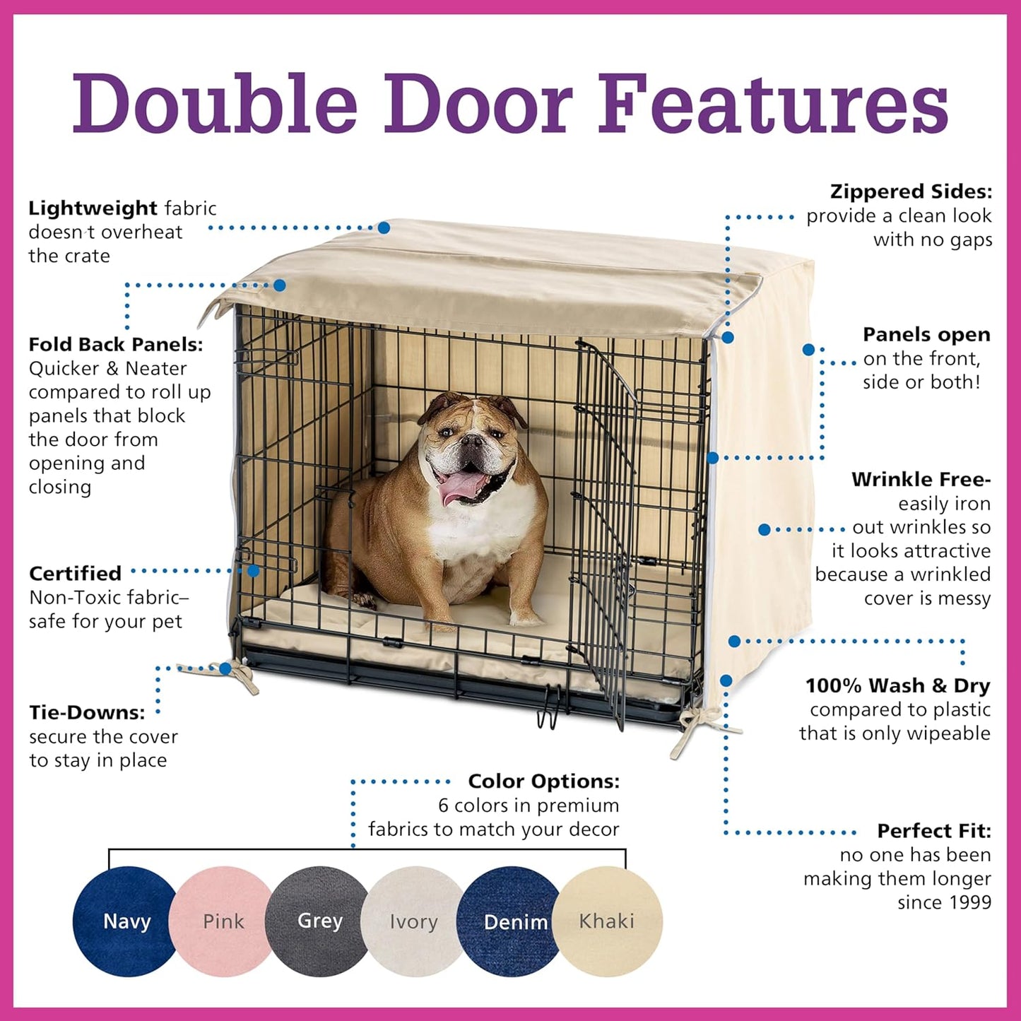 Pet Dreams Dog Crate Cover - Breathable Fabric Kennel Topper for Double-Door Crates, Fits iCrate Dog Cages 18, 24, 30, 36, 42, 48 Inches (Khaki, X Large, 42")