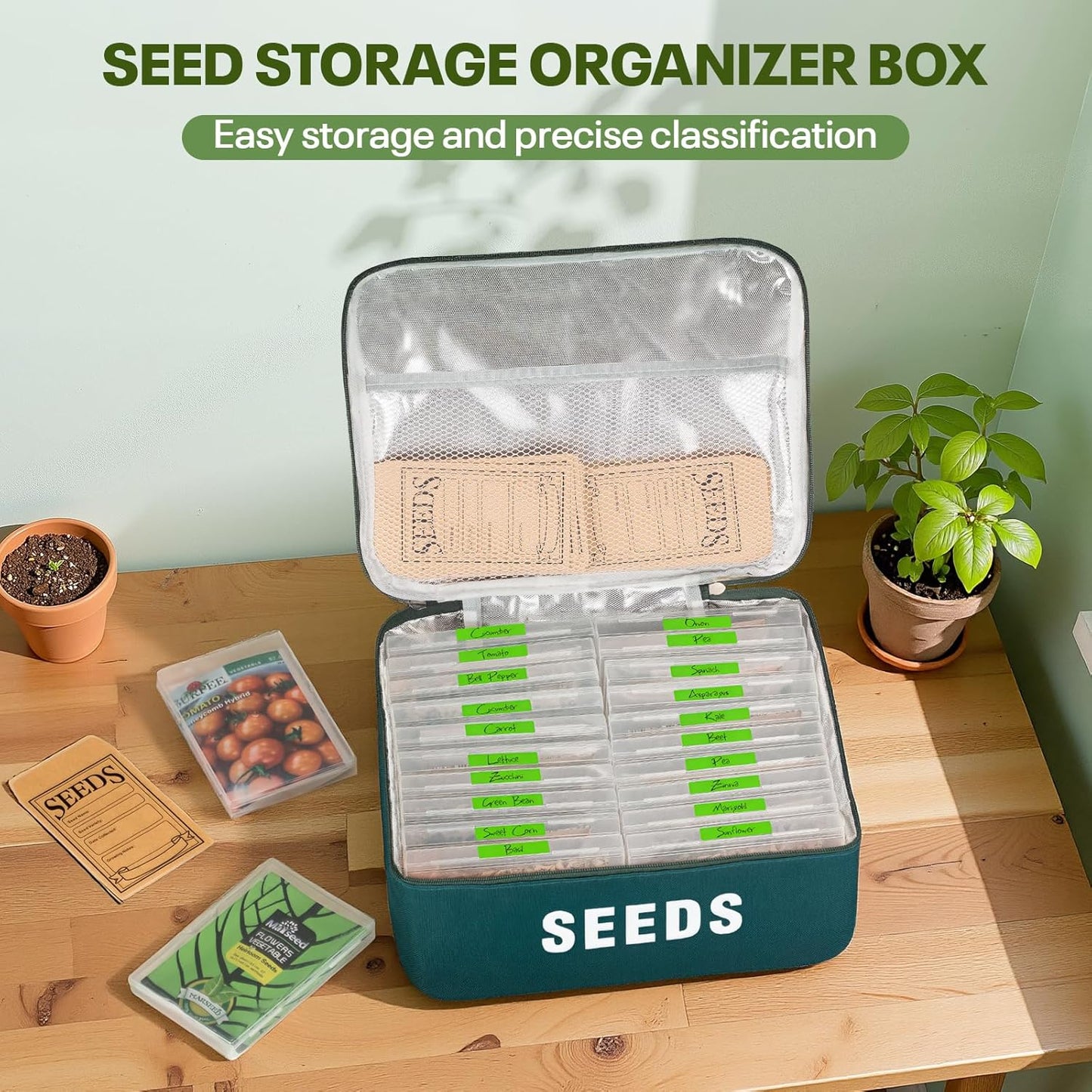 22 Slots Seed Storage Organizer Box with & 30 Seed Envelopes, Large Capacity Seed Packet Organizer Case with Labels, Portable Waterproof Garden Seed Storage Kit for Vegetable Flower Seeds, Green