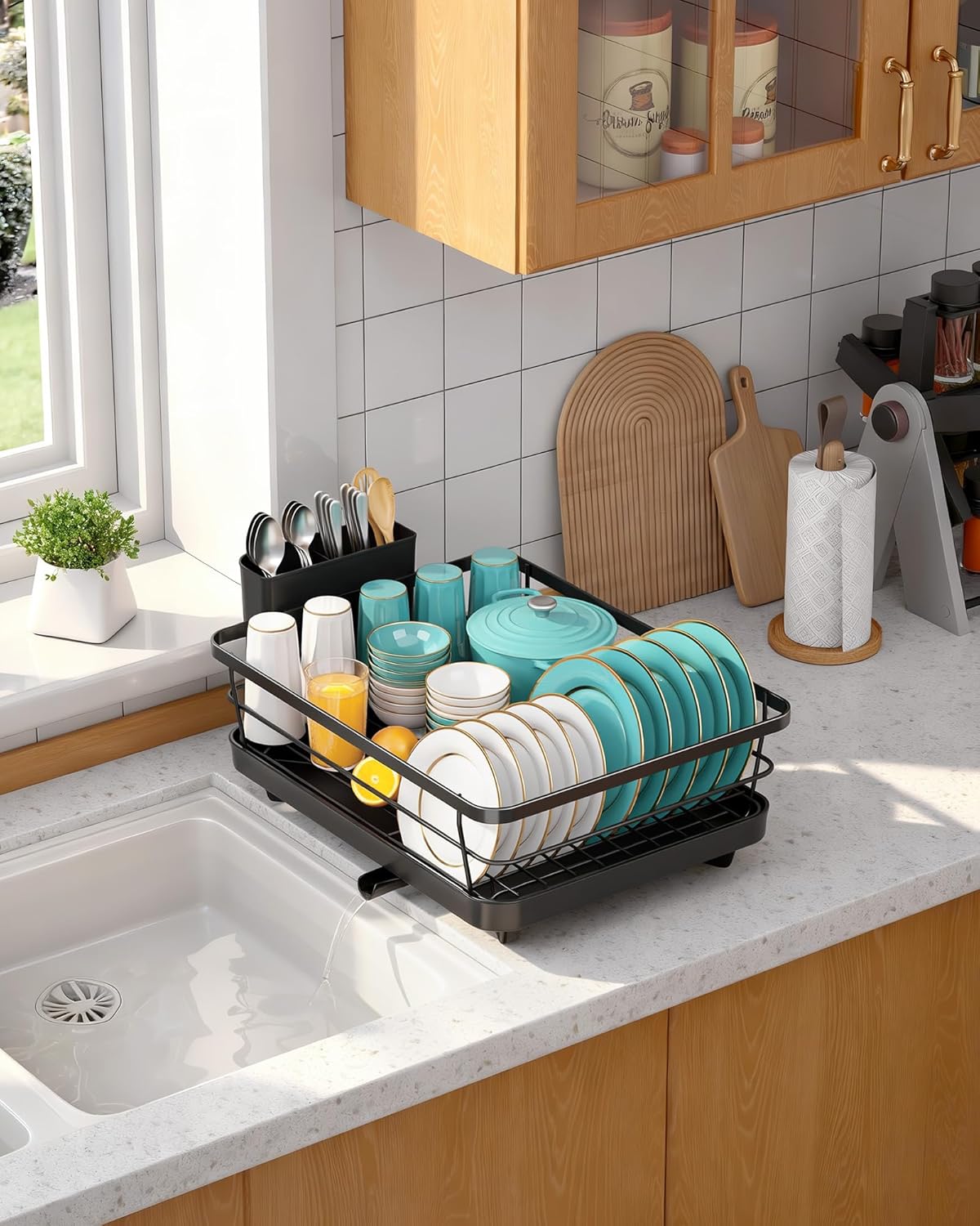 Stainless Steel Dish Drying Rack for Kitchen Counter, Sink Organization and Storage Essentials with Silverware & Utensil Holder, Home and Apartment Decor, 12''W x 15.5''L, Black