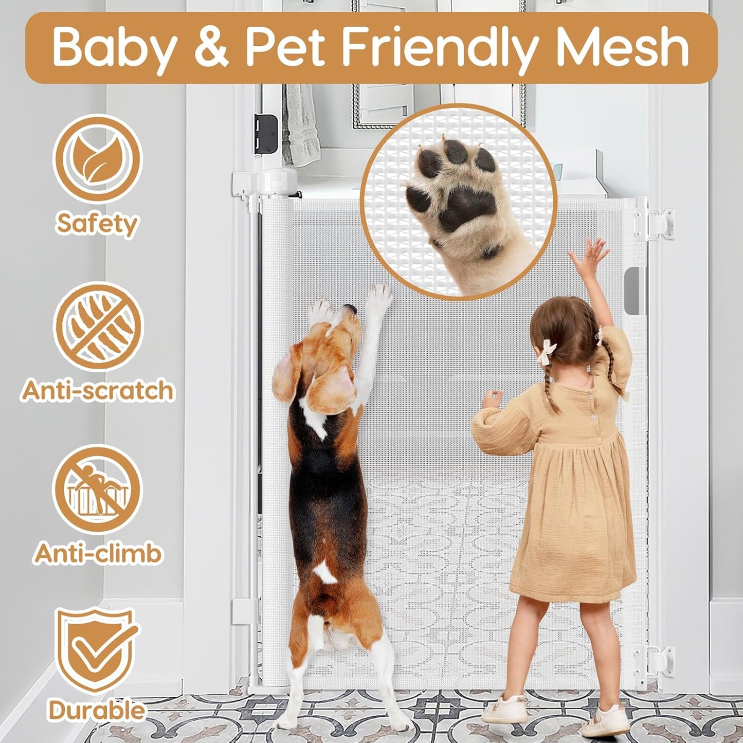 42 Inch Extra Tall Baby Gate 0"-39" Wide Narrow Pet Gate Tall Retractable Baby Gates for Dogs Mesh Dog Gates Indoor Pet Gate for Stairs Doorways Hallways, White