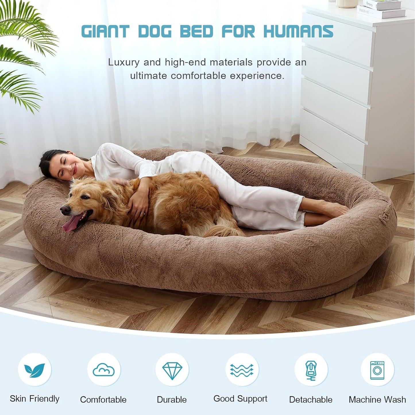 SUNYRISY Large Human Dog Bed, 71" x 47.2" x 12", Washable Faux Fur Non-Slip Bottom Giant Bed for Adults and Large Dogs, Brown