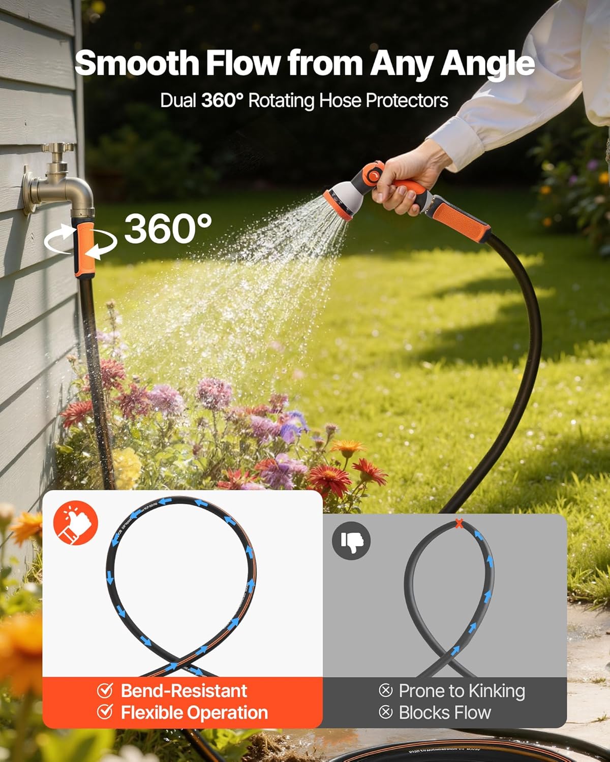 VEVOR Garden Hose, 200 ft 5/8" Heavy Duty Rubber Water Hose with 10 Mode Nozzle, 150PSI Working & 600PSI Burst, Flexible & Non-kink Outdoor Waterhose with 3/4" Fitting, Lightweight Hoses for Gardening