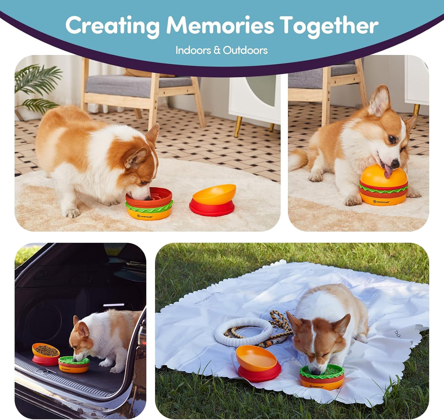 Slow Feeder Small Dog Bowl – 2 Patterns Reversible Lick Mat & 1 Spiral Slow Feeder - Hamburger Style | Non-Slip, Dishwasher Safe & Easy to Clean