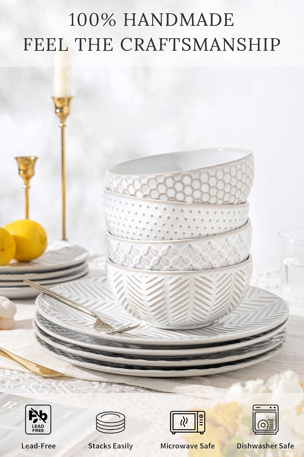 32-Piece Luxury Dinnerware Set,Complete Plates and Bowls Set for 8,Upscale Ceramic Dish Set for Hosting, Holidays & Family Gatherings–Microwave & Dishwasher Safe