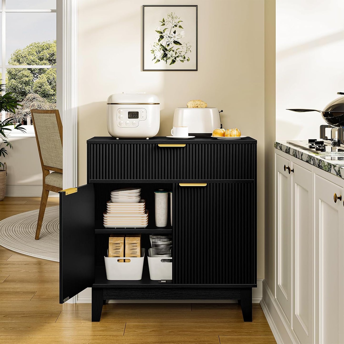 Fluted Buffets Sideboard, Buffet Sideboard with 1 Drawer & 1 Door, Kitchen Storage Cabinet with Adjustable Shelf and Slanted Legs, Buffet Cabinet for Kitchen, Living Room, Black MCB02BB
