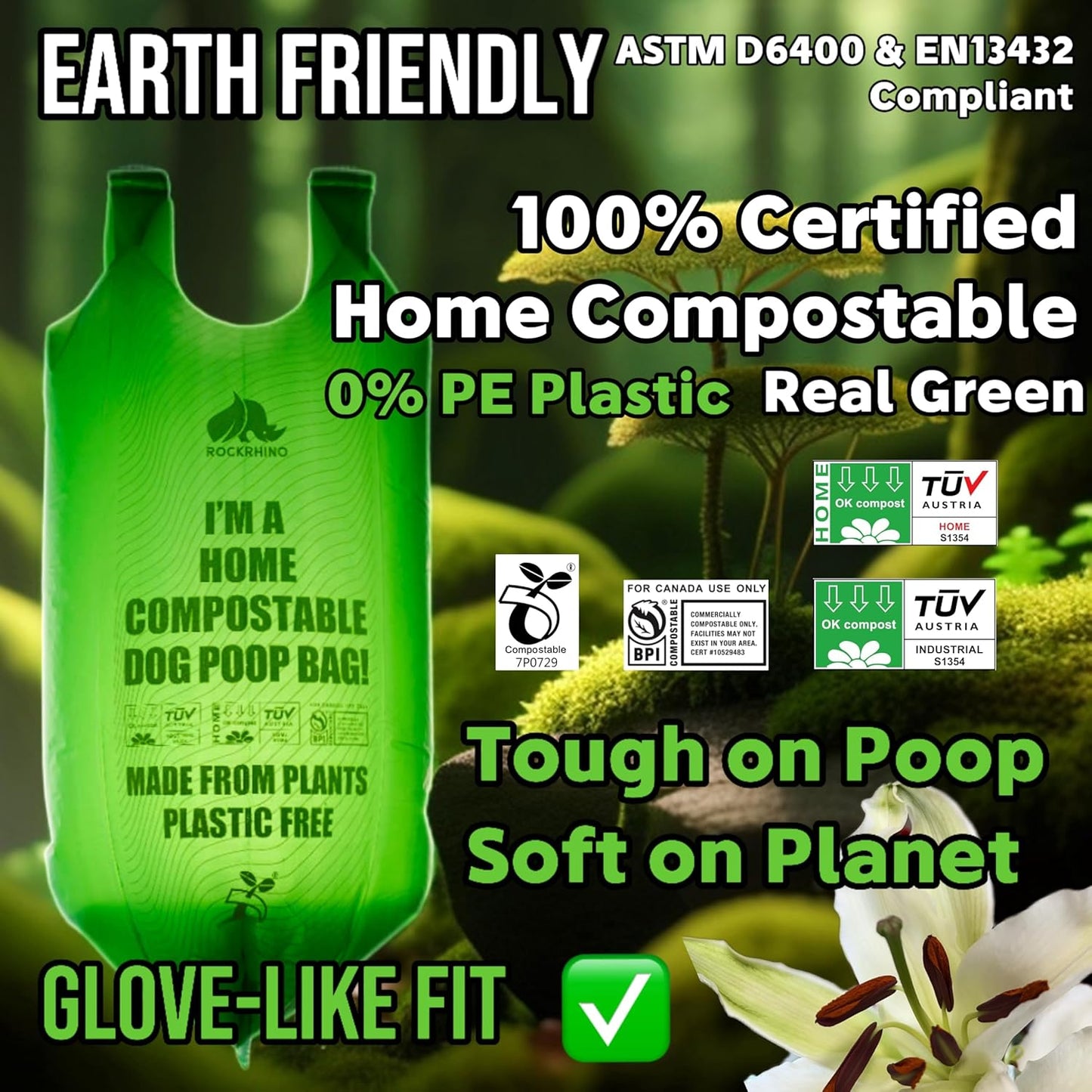Ultra Thick & Deep RockRhino Dog Poop Bags for Large & XL Breeds | 4-Layer Interlocking Bottom | 100% Home Compostable, 0% Plastic | Vanilla-Scented | 60 Bags, Easy Open Tie Handles, Not for Scooper