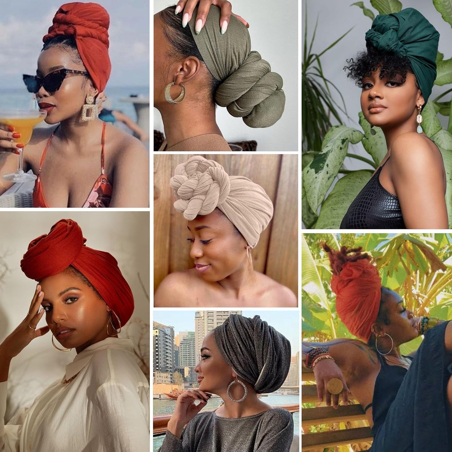 COOKOO 2 Piece Long Solid Color Stretch Head Wrap African Women's Jersey Turban Fashion Head Scarf Ultra Soft Extra Long Headwraps Lightweight Breathable Head Bands Ties for Women(Black+Army Green)