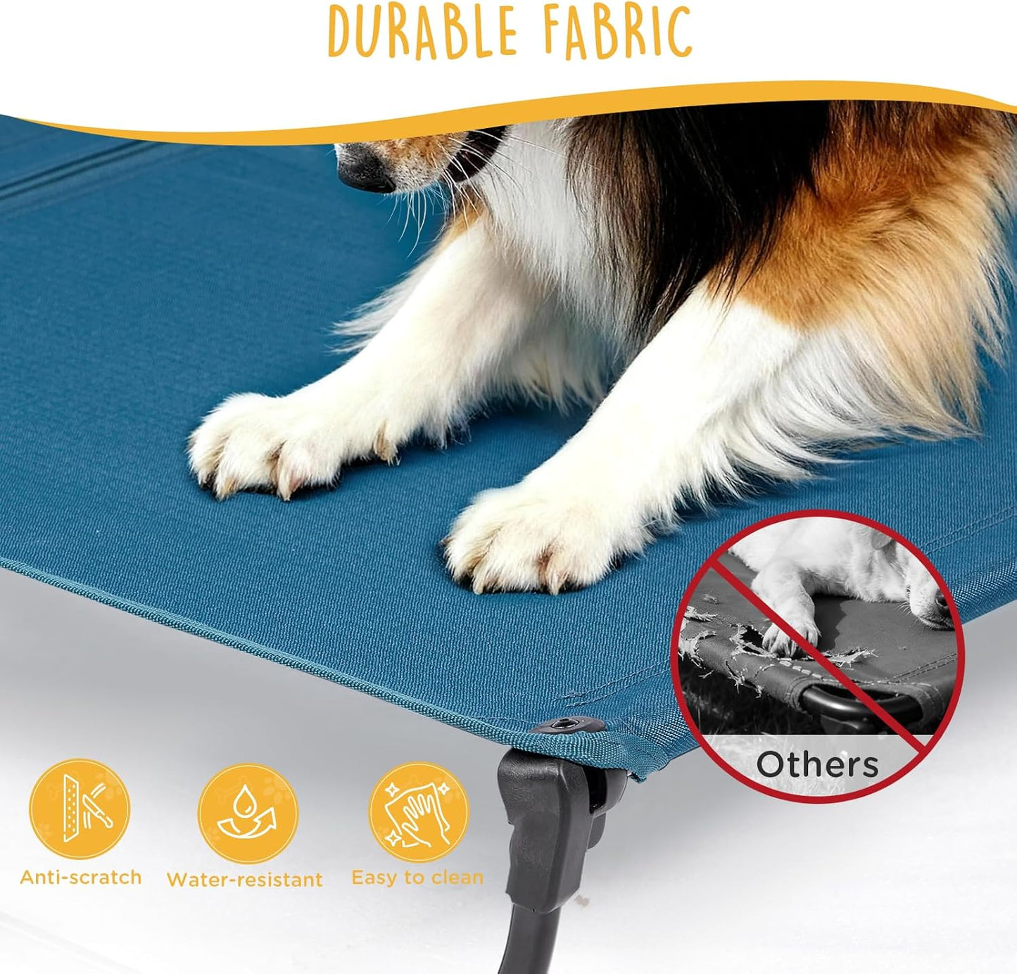 Folding Raised Dog Cot, Large Outdoor Elevated Dog Bed, Cooling Chew Proof Pet Cots Bed, Portable, Heavy Duty Up to 160 lbs, Pet Cot for Camping, Home, Dark Blue, 43"x27"x7"