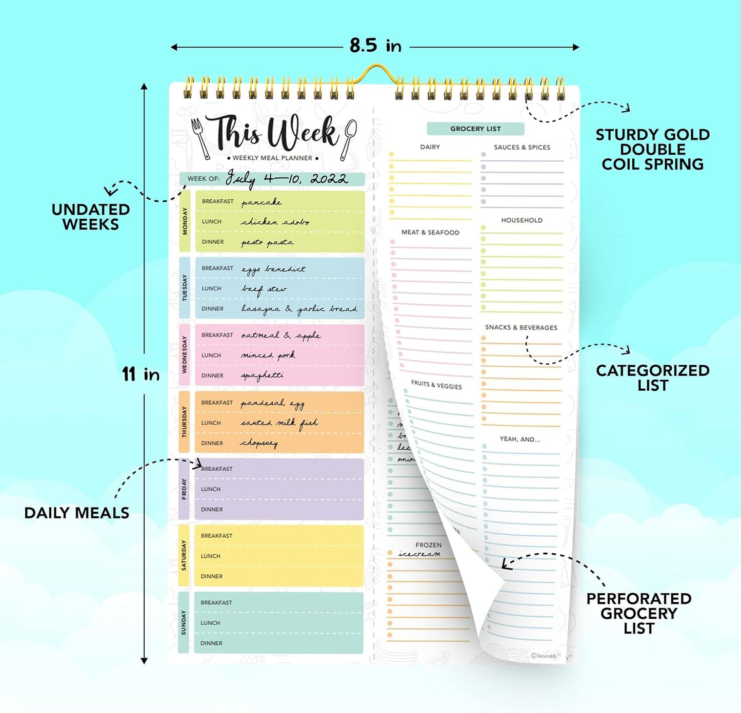 Decorably 52 Sheets Pastel Undated Magnetic Weekly Meal Planner and Grocery List Notepad with 4 Strong Magnets - 8.5x11in Spring-Bound, Refrigerator Mountable, Easy Tear-Off Design