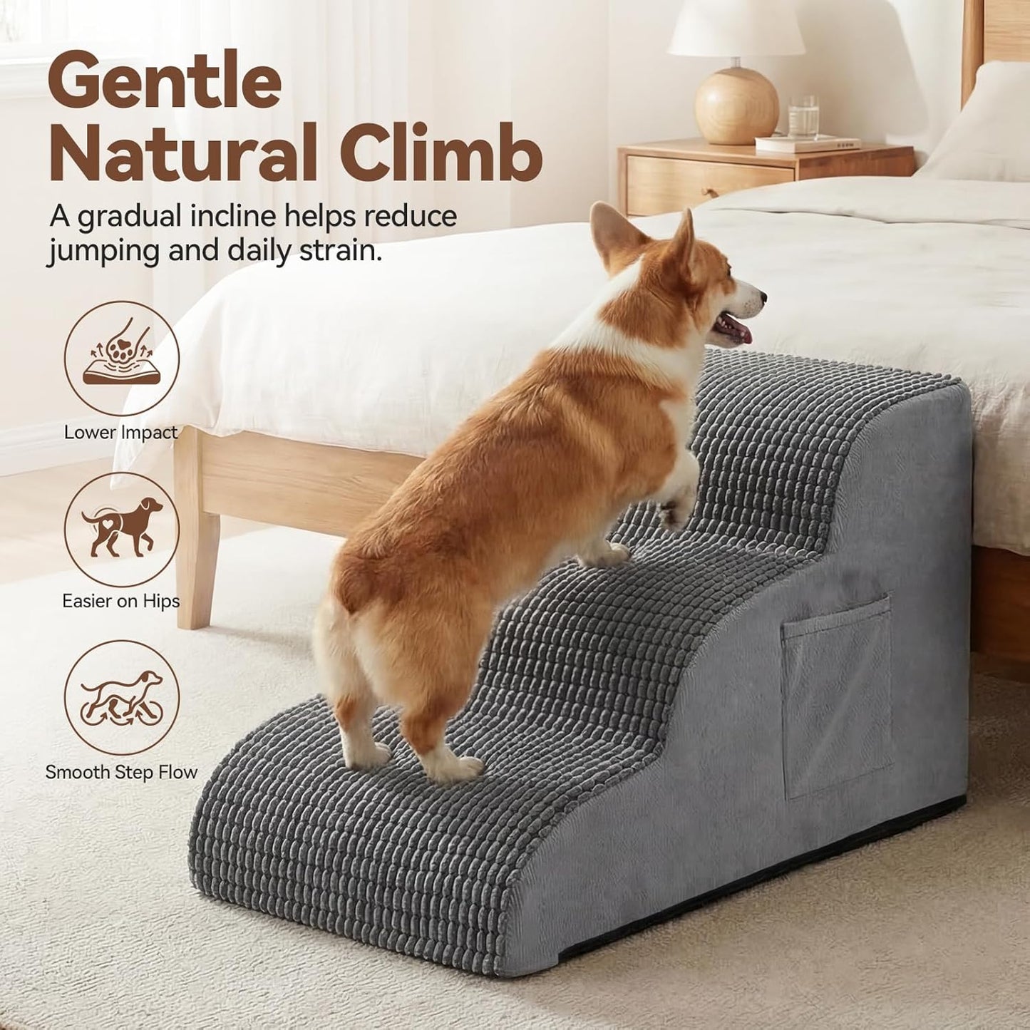 Dog Stairs for Small Dogs, 3 Step Foam Ramp for Bed & Couch, Pet Steps for High Bed with Non Slip Base, Washable Cover, Joint Support Design, Grey