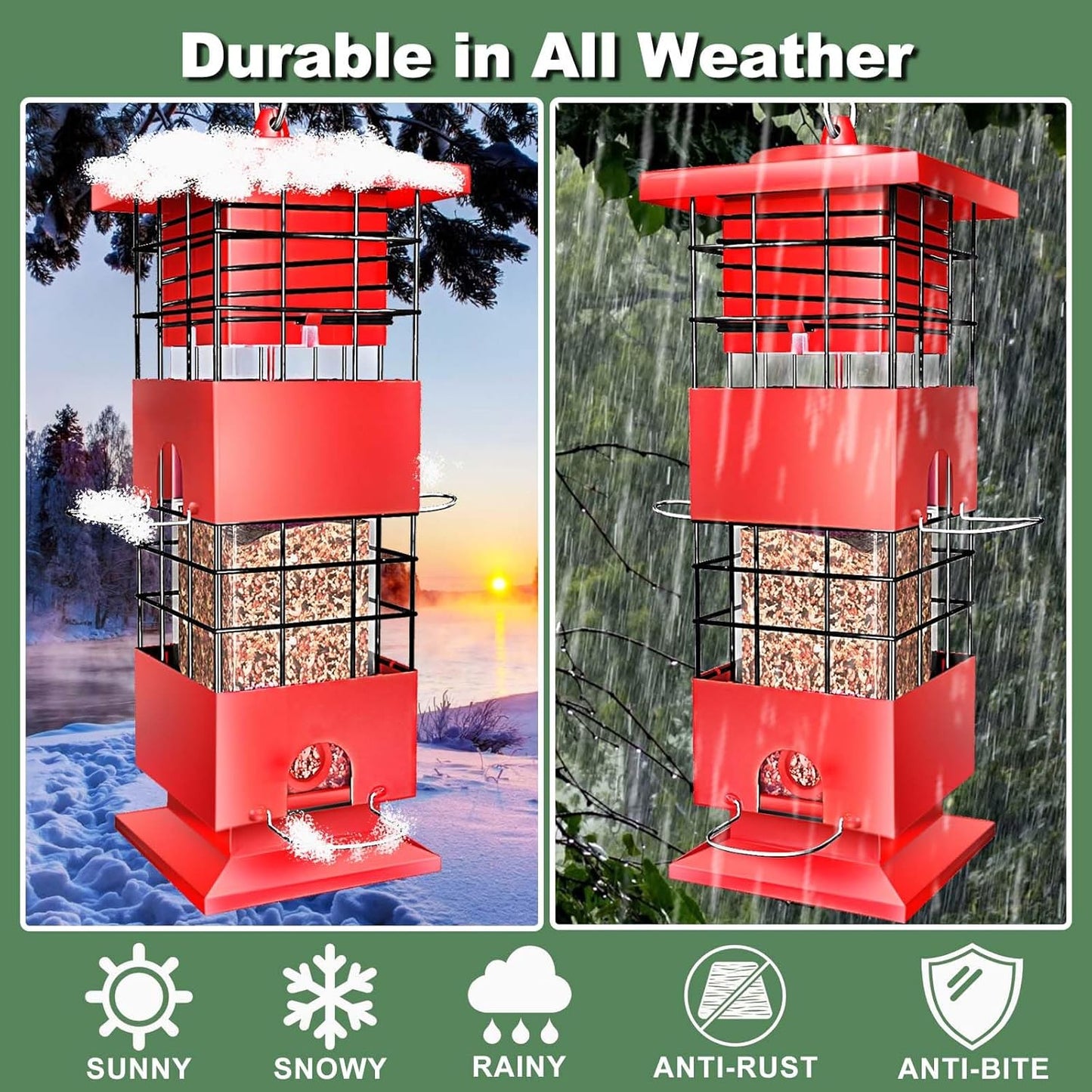 Squirrel Proof Bird Feeder,3Lbs Bird Feeders for Outdoors Hanging, Metal Birds Feeder with 4 Feeding Ports, Wild Birds Feeder for Cardinal, Finch, Sparrow (Red)