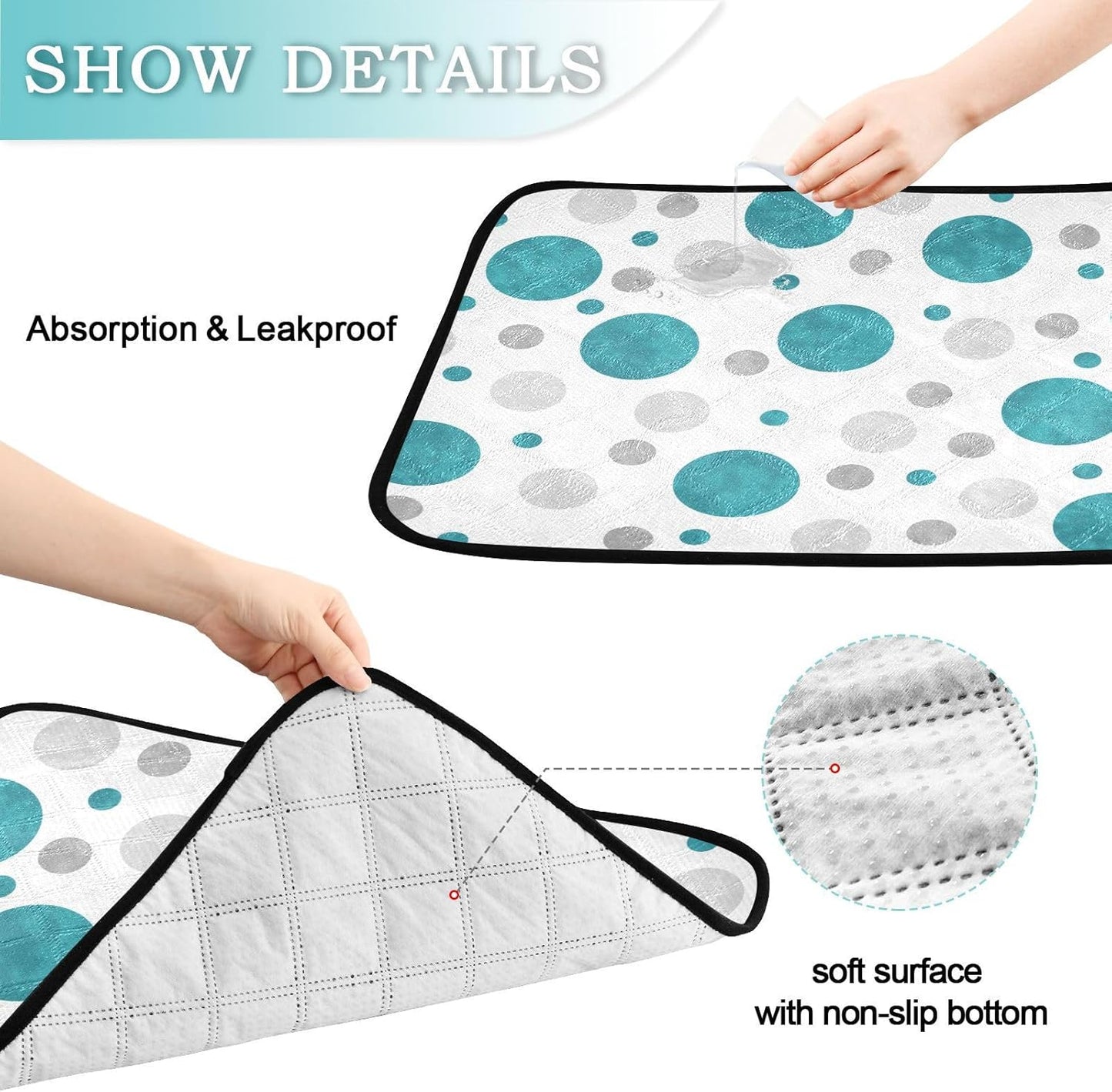 susiyo 3 Pcs Small Washable Pee Pads for Dogs Teal Gray and White Polka Dots Pattern Absorbent Reusable Puppy Training Pads