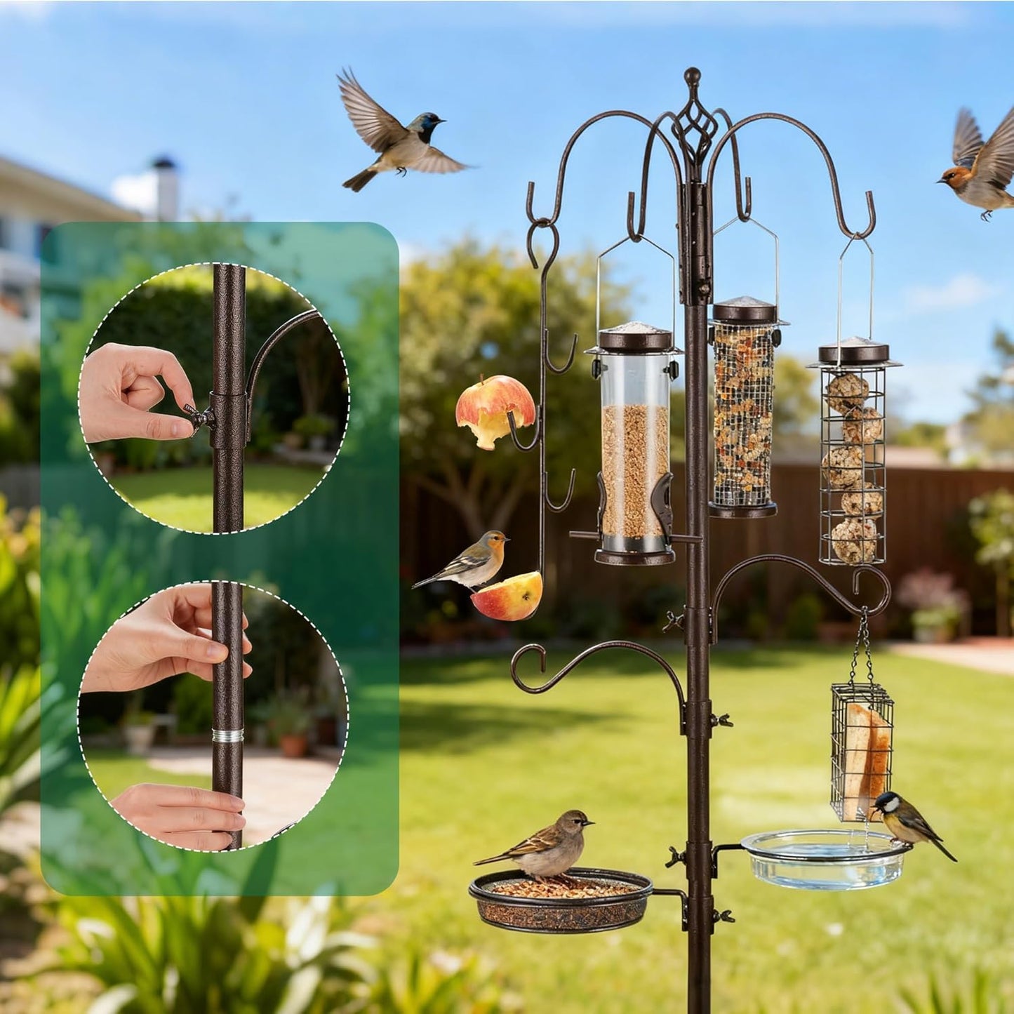 Bird Feeding Station Kit Pole Wild Bird Feeder Hanging Planter Hanger Multi Feeder Hanging with Metal Suet Feeder Bird Bath for Attracting Wild Birds