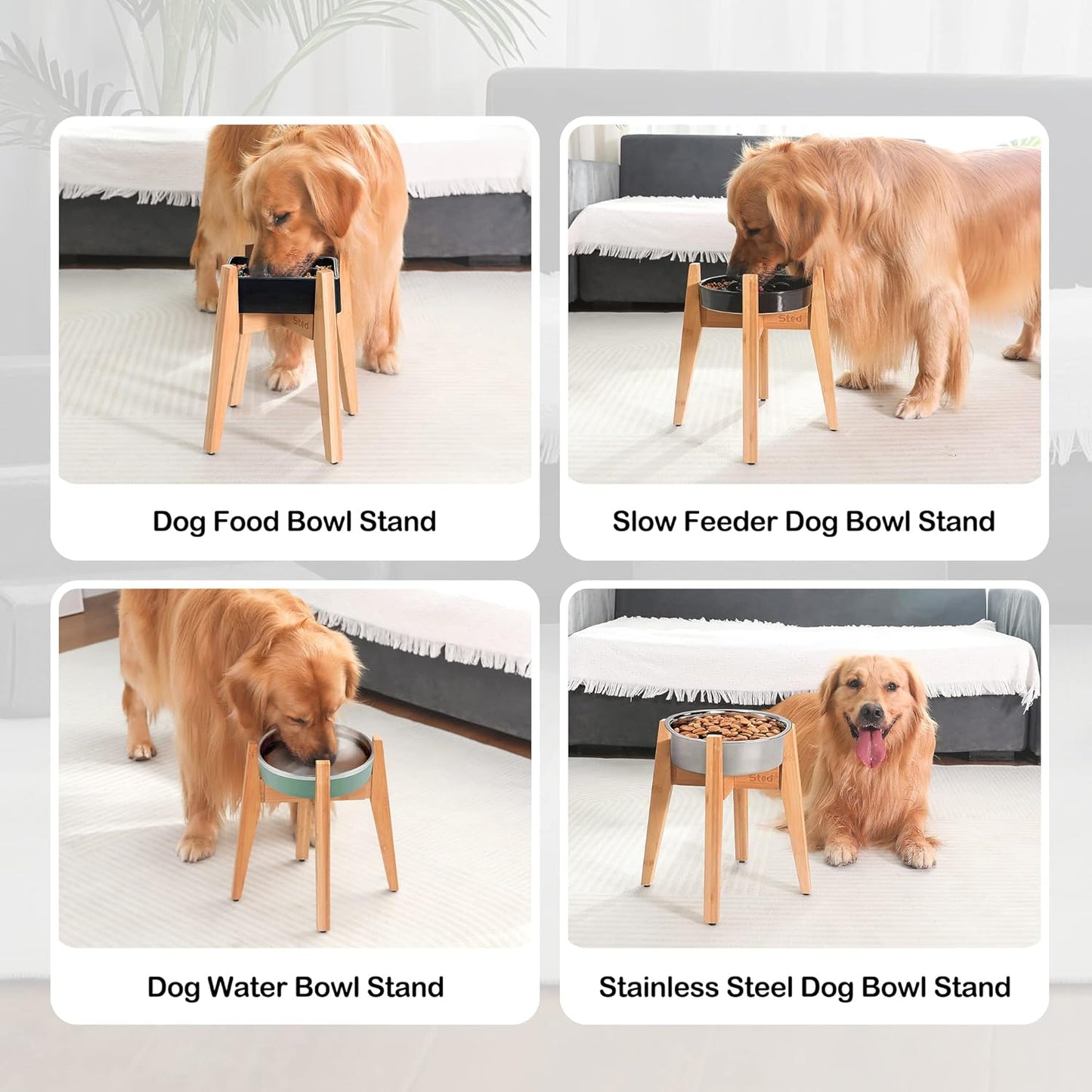 Sted Elevated Dog Bowl Stand - 100% Bamboo, Adjustable Width 7.5-11 Inches, 13" Tall, Single Raised Dog Food and Water Bowl Stand