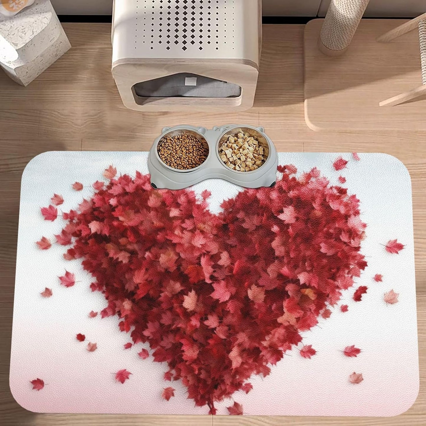 Pet Feeding Mat Leather Dog Food Mat Waterproof Pet Tablecloth Maple Leaves Heart Pet Placemat for Dogs Absorbent Dog Bowl Mat Anti-Slip Dogs Mats for Food and Water