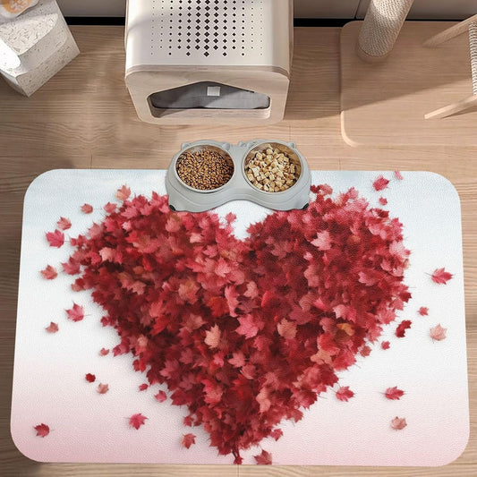 Pet Feeding Mat Leather Dog Food Mat Waterproof Pet Tablecloth Maple Leaves Heart Pet Placemat for Dogs Absorbent Dog Bowl Mat Anti-Slip Dogs Mats for Food and Water