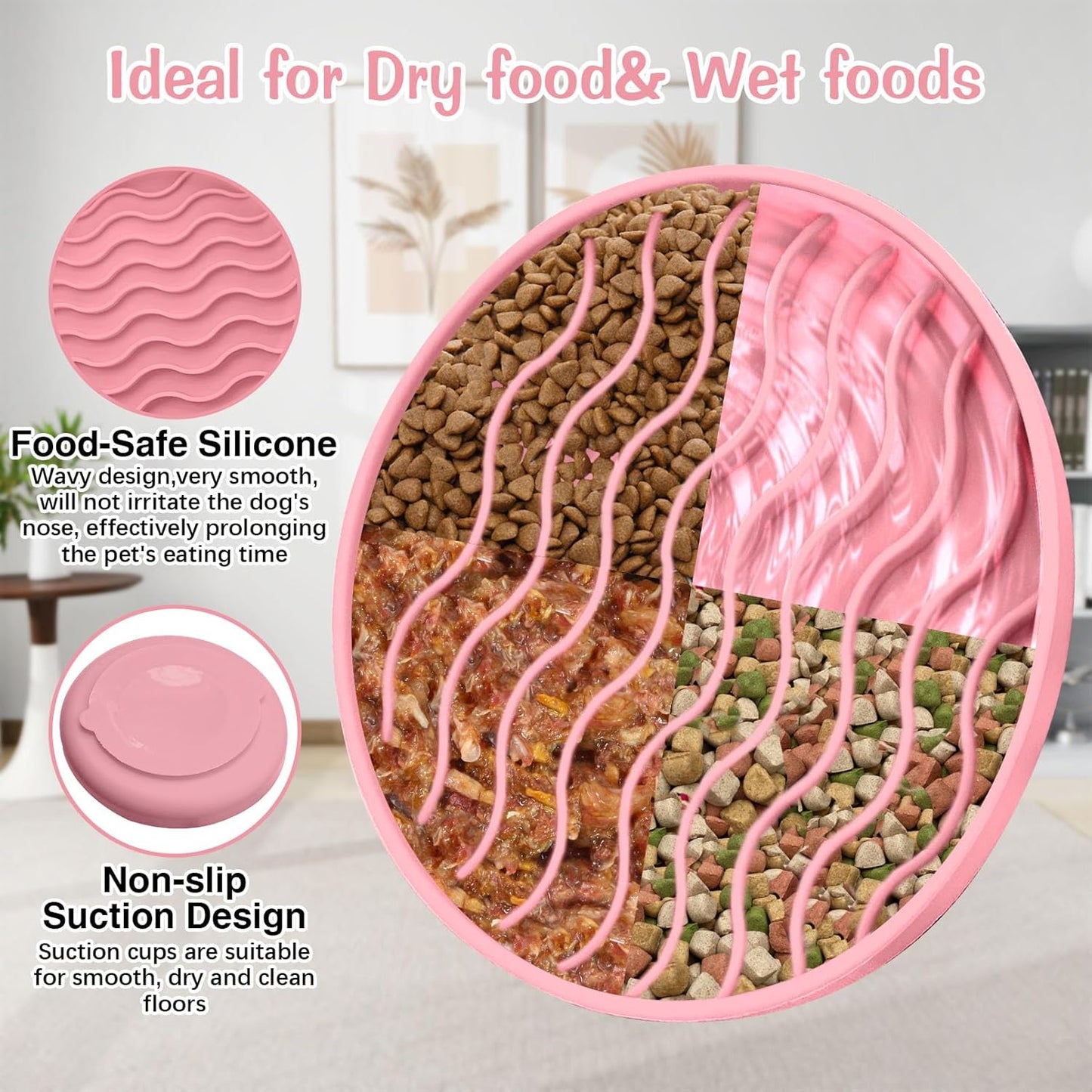 Fhiny Slow Feeder Dog Bowl, Silicone Dog Puzzle Bowl Slow Feeder Puppy Bowls Slow Eating Modern Lick Mat Design Dishwasher Microwave Fit for Fast Eaters, All Small Medium Dogs Puppy Doggy (Pink)