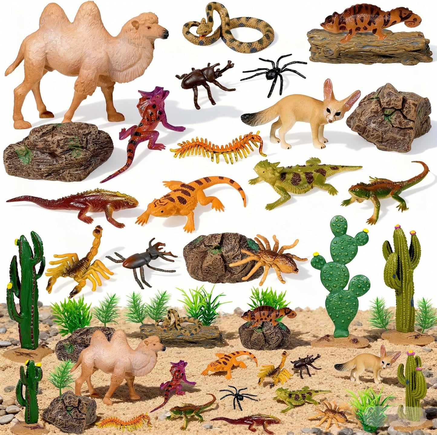 34 Pcs Desert Animals Figurines Set Model Trees Kit Desert Diorama Supplies Animals with Tree and Cactuses Figurines Resin Insects for Diorama Birthday Party
