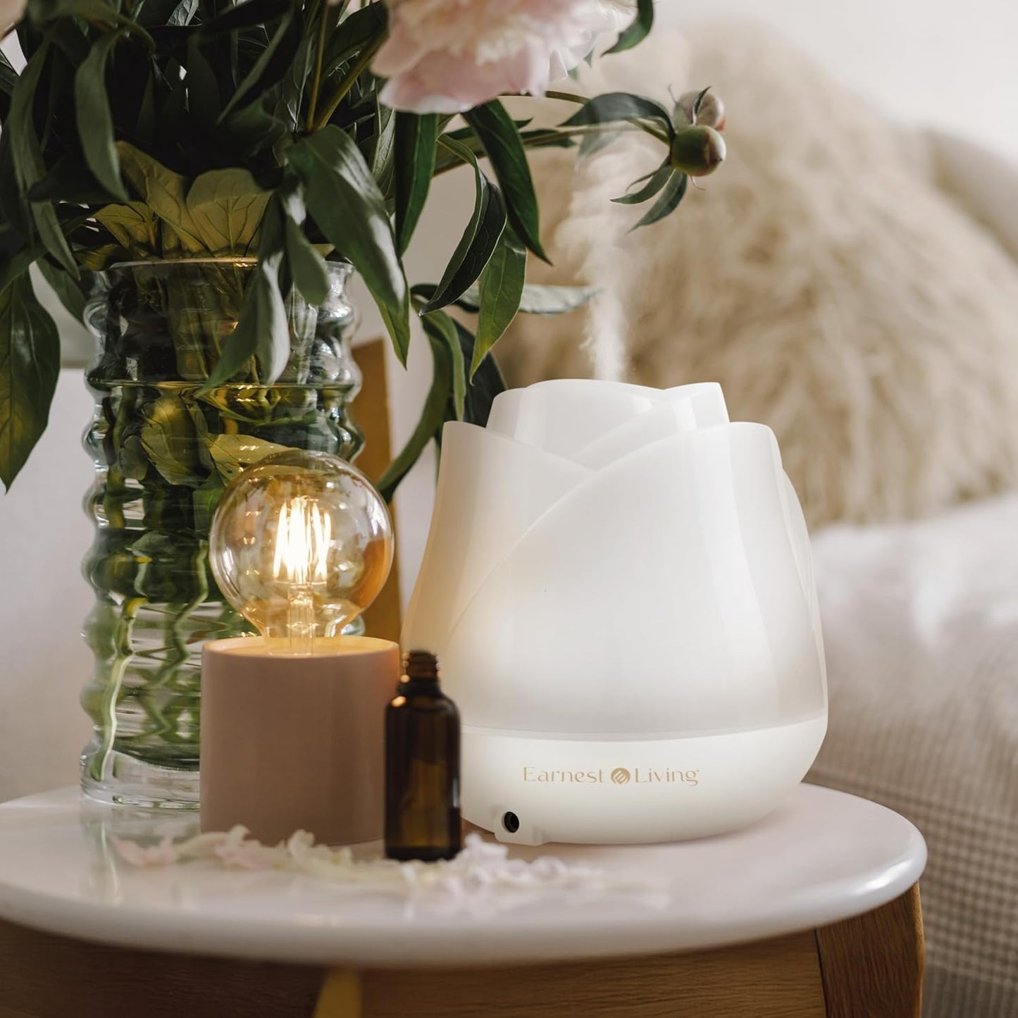 Earnest Living Rose Essential Oil Diffuser 150ml – Mini Ultrasonic Aromatherapy Humidifier for Bedroom & Desk, Quiet Mist, USB Powered, 7-Color Night Light, Valentine's Gift for Women – Solid White