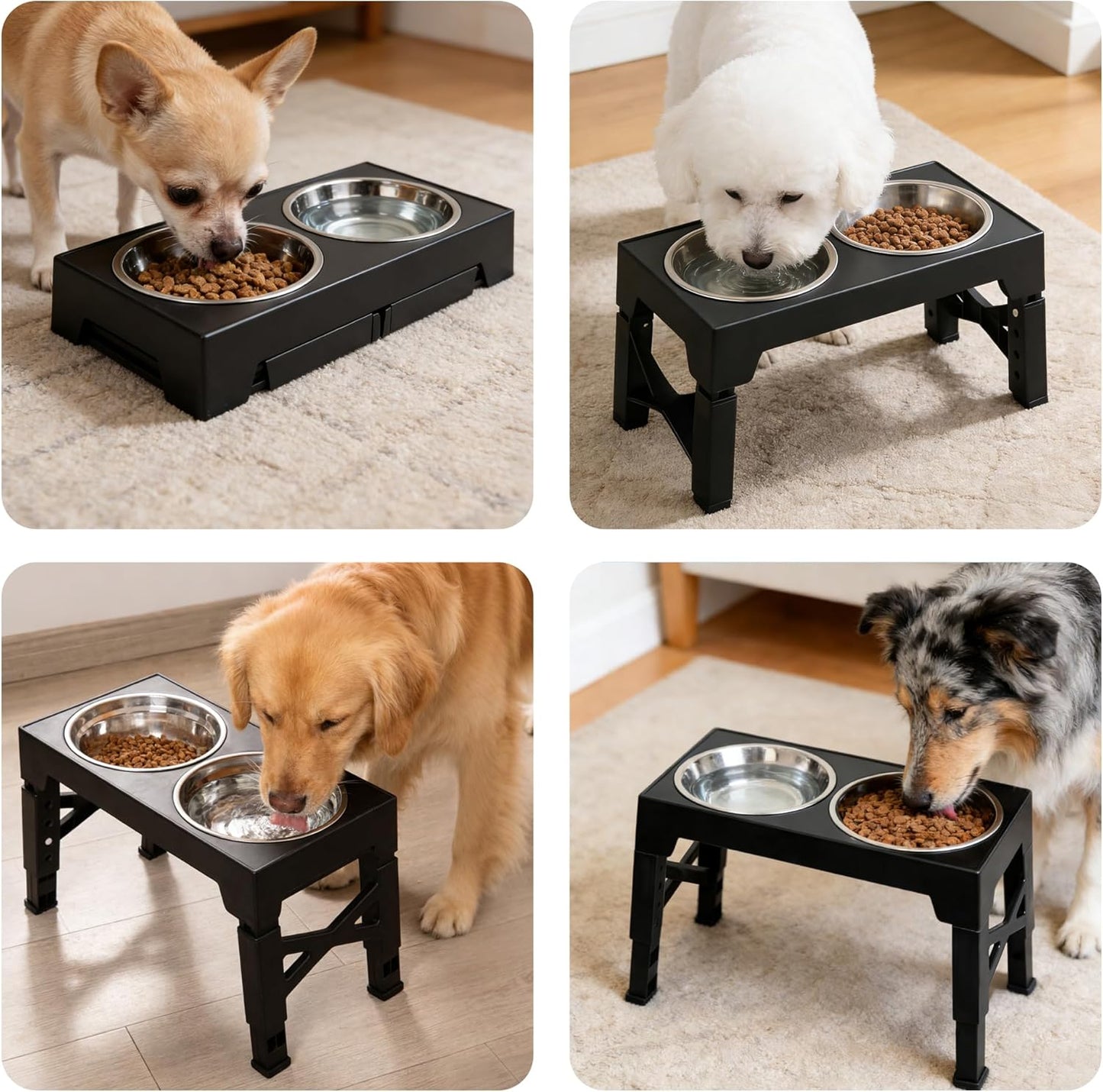 Elevated Dog Bowl Stand, Black, Adjustable Height, Double Stainless Steel Bowls,