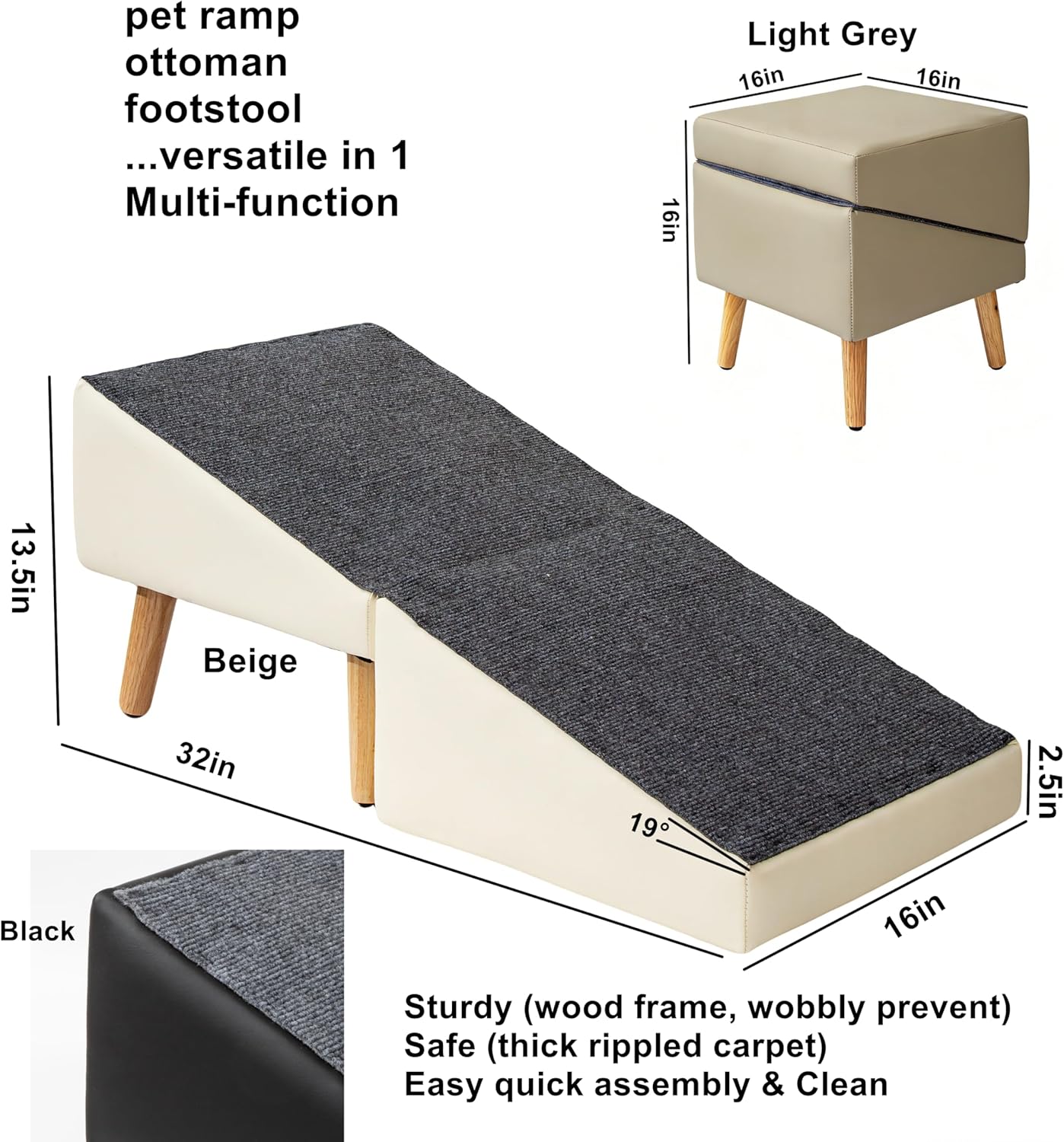 Foldable Dog Ramp Split Ottoman Outdoor seat footrest Stool Couch Sofa Furniture Car SUV RV Side Door, Small Medium Senior Injured cat Step Stair to Porch, Large Steady pet ramp (Light Grey, Large)