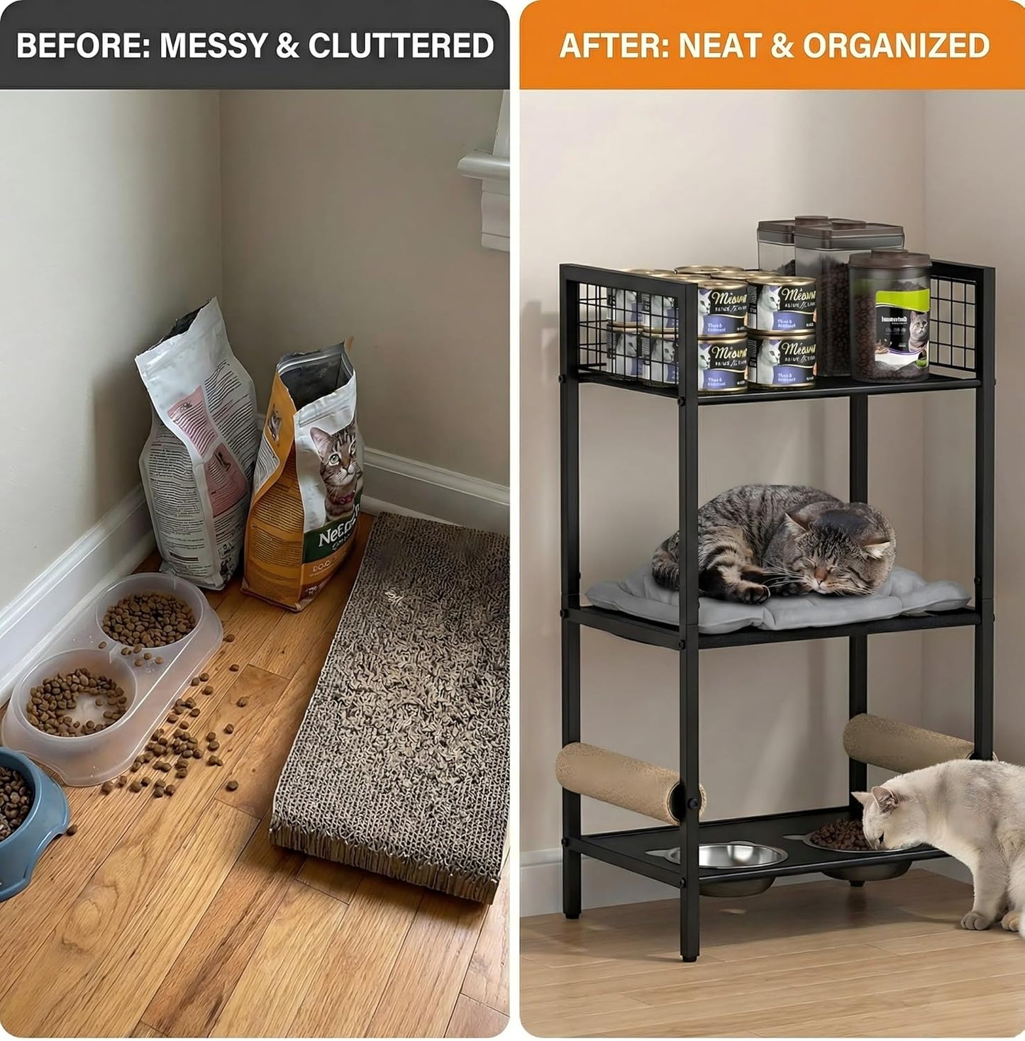 4in1 Cat Furniture Stand with Cat Scratching Post, Cat Food Bowls, Cats Bed Platform, Cats Food Storage Organizer, All in One Pet Furniture for Small Space (Black)