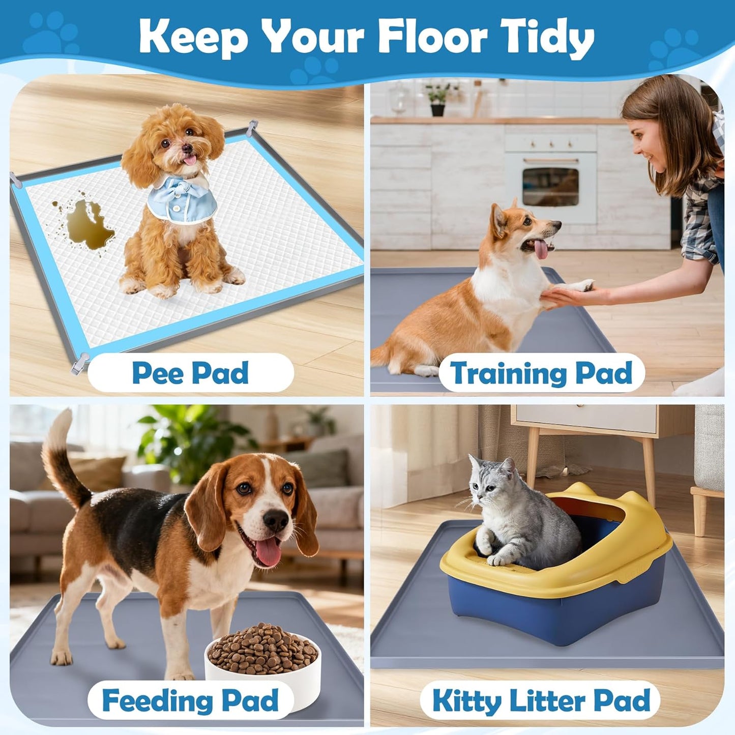 Dog Pee Pad Holder, Dog Potty Tray Silicone Puppy Pad Holder Tray Fits for 24" x 24" Training Pads, Puppy Potty Tray With 4 Clamps No Spill Raised Lip High Edge for Indoor Floor Protection (Dark Grey)