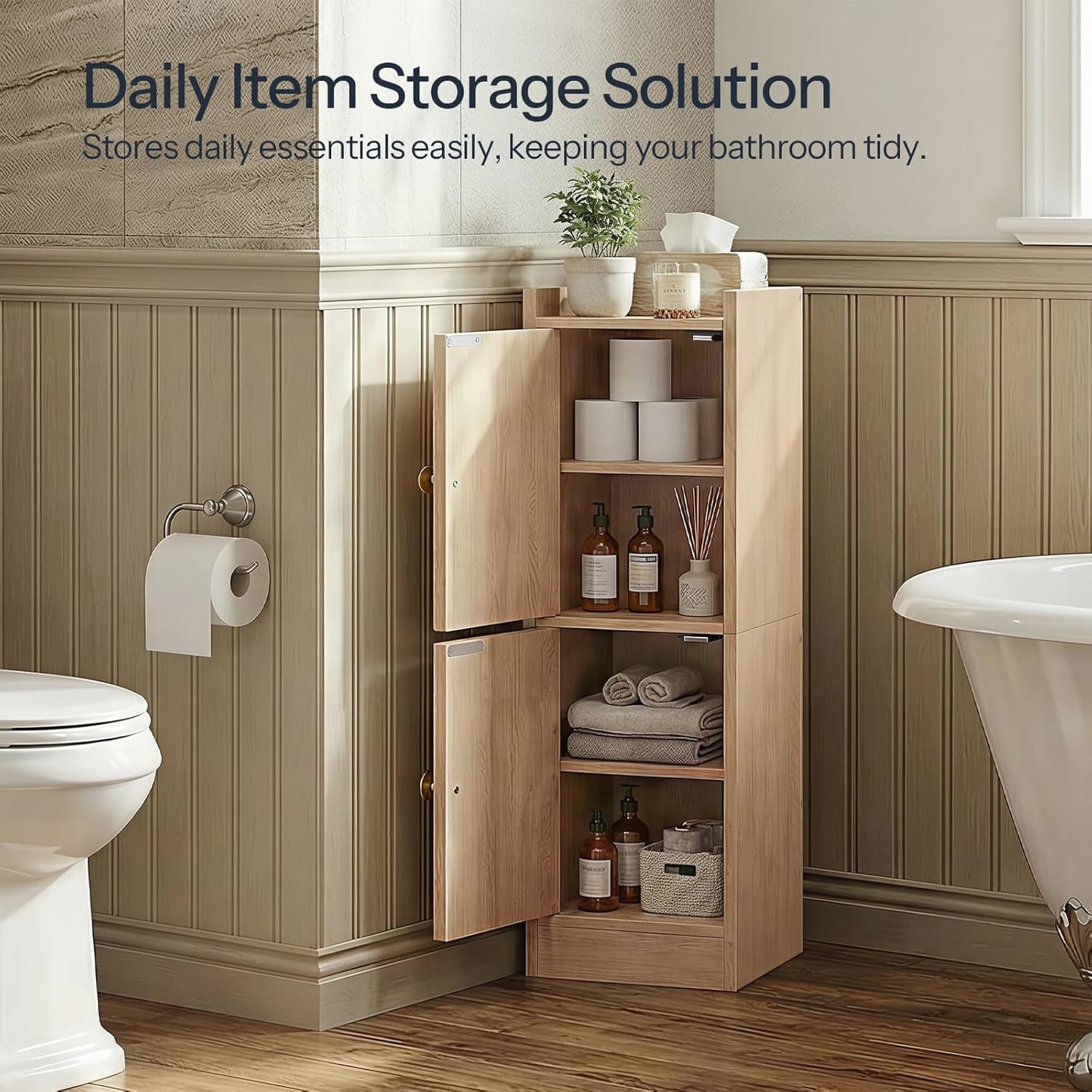 HOOBRO Small Bathroom Storage Cabinet, 9.8" W x 7.9" D x 30.7" H Small Cabinet for Bathroom with Doors, Farmhouse Floor Cabinet with 2 Adjustable Shelves, Narrow Toilet Paper Cabinet, Natural