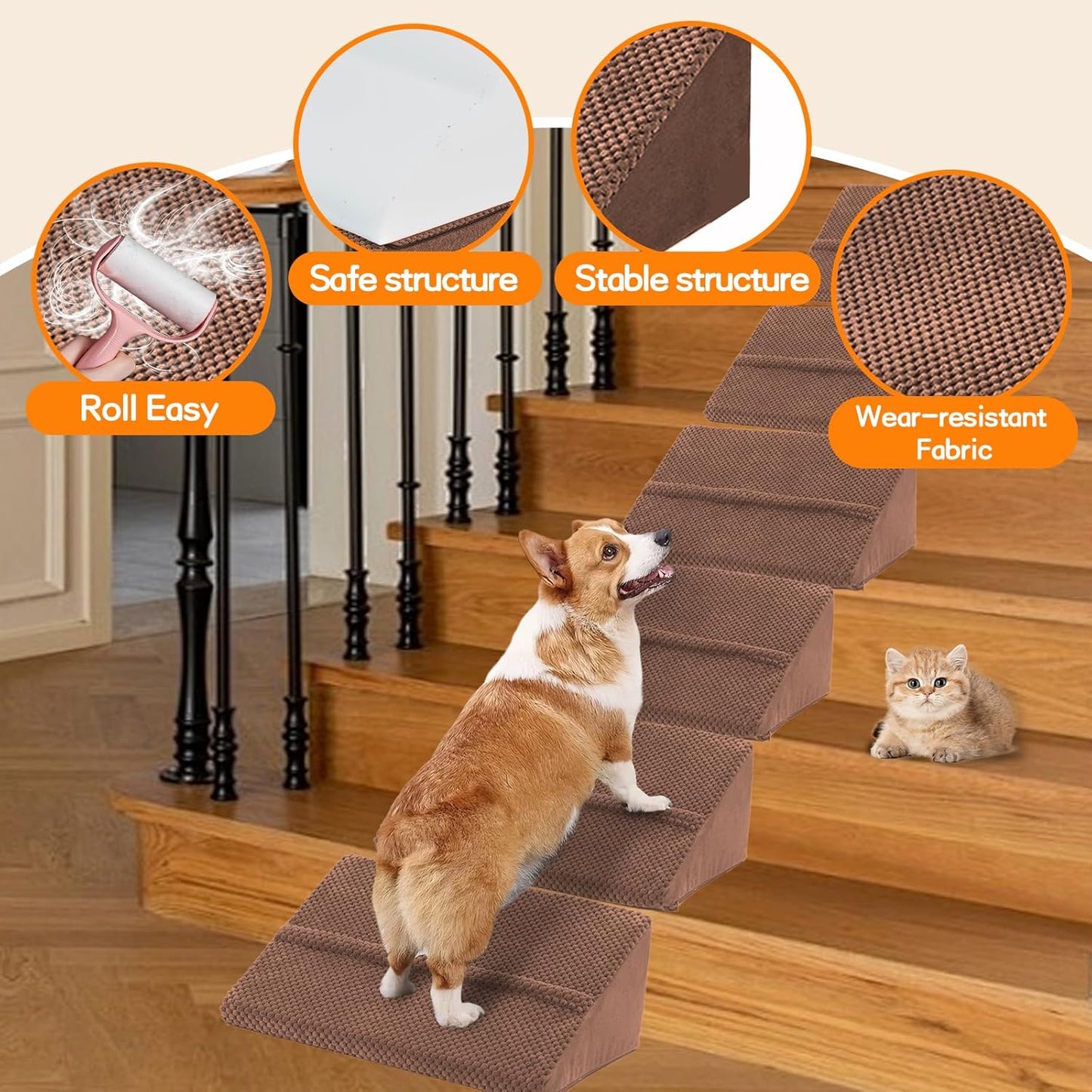 Upgrade Non-Slip Dog Ramps/Stairs for Staircase, Foam Dog Ramps for Stairs Inside House, Foam Pet Ramps for Small Dogs, Stair Ramp for Injured Dogs Cats with Self-Sticky Pads to Fix, 6 Pack