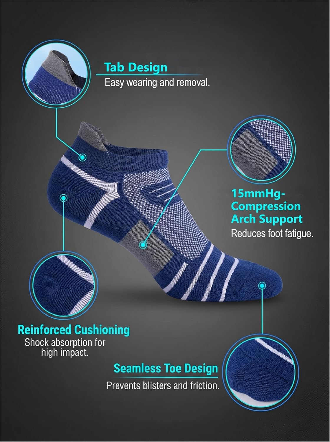 Kodal Ankle Compression Socks, Copper Yarn Low Cut Training Socks, Odor Free Moisture-wicking Arch Support Cushion