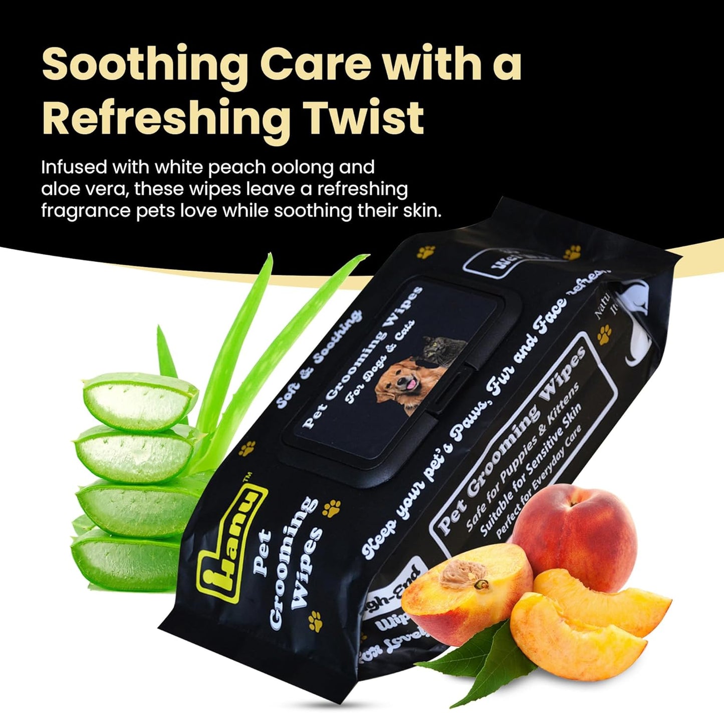 Hanu Pet Grooming Wipes for Dogs and Cats, Hypoallergenic, Cleans Tear Stains, Itching Relief, for face,Paws, Body and Butt, Peach Oolong