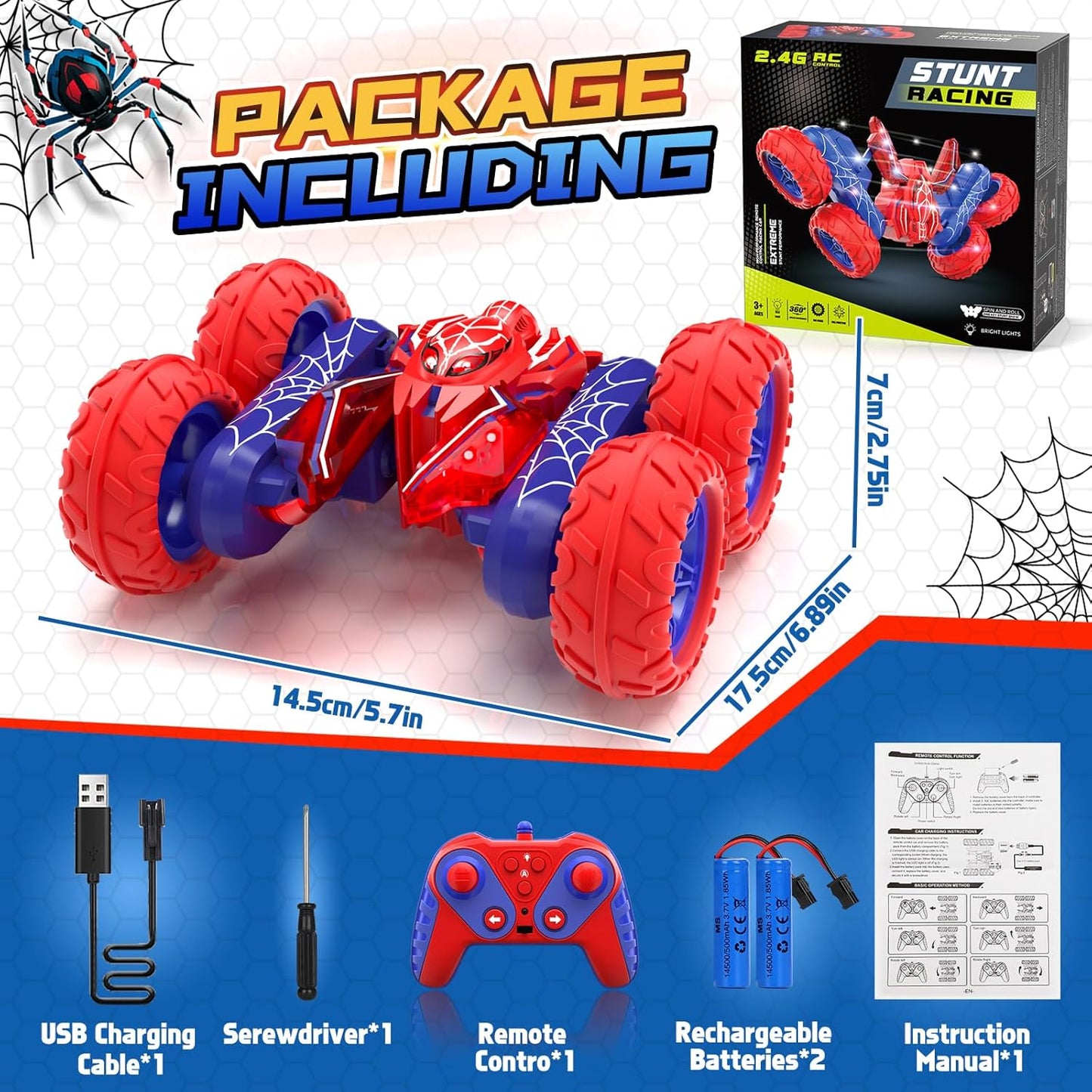 Spider Remote Control Cars for Boys 4-7, 360° Spinning RC Stunt Car with 2 Batteries Cool Lights Toys Birthday Gift for Boys 4 5 6 7 8 9 10 11 12 Year Old