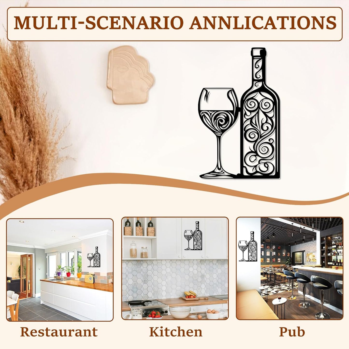 ACOSIY Metal Wine Wall Decor Black Wall Art for Kitchen Modern Bar Sign for Home Dining Room Decoration (Wine)