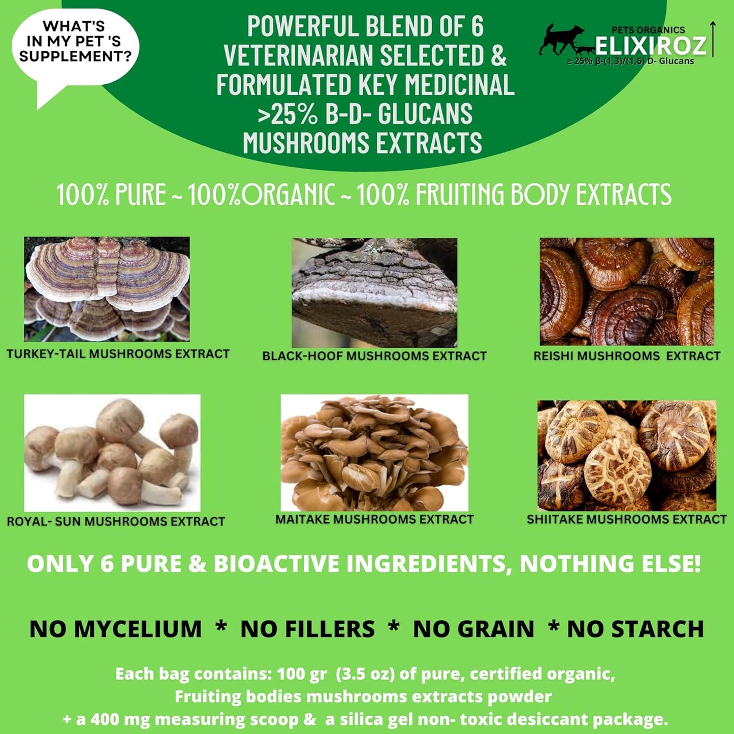 Maximum Immunity >25% β-glucan 100% Mushrooms Fruiting Body Extracts, Veterinarian Recipe for Dogs & Cats Immune, Digestive, Vitamins, Probiotics, with Turkey Tail, Reishi extracts.250 Servings