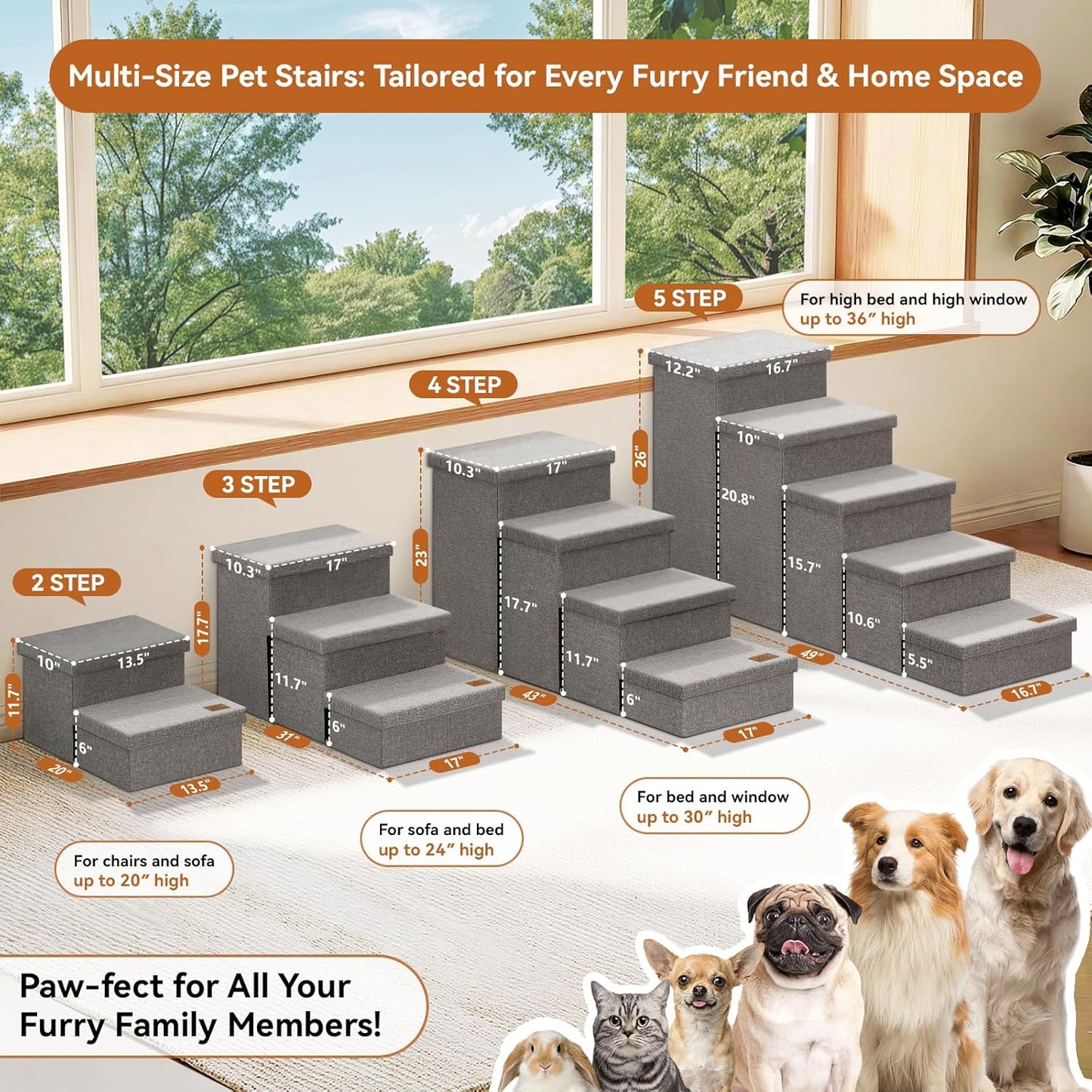 Dog Stairs with Storage 23" H, 4-Step Wider Dog Steps for High Beds Window, Folding Sturdy Pet Stairs Gift for Injured Old Dogs Cats, Ramp for Climbing Car Up to 200 lbs,(Gray, No Condo)