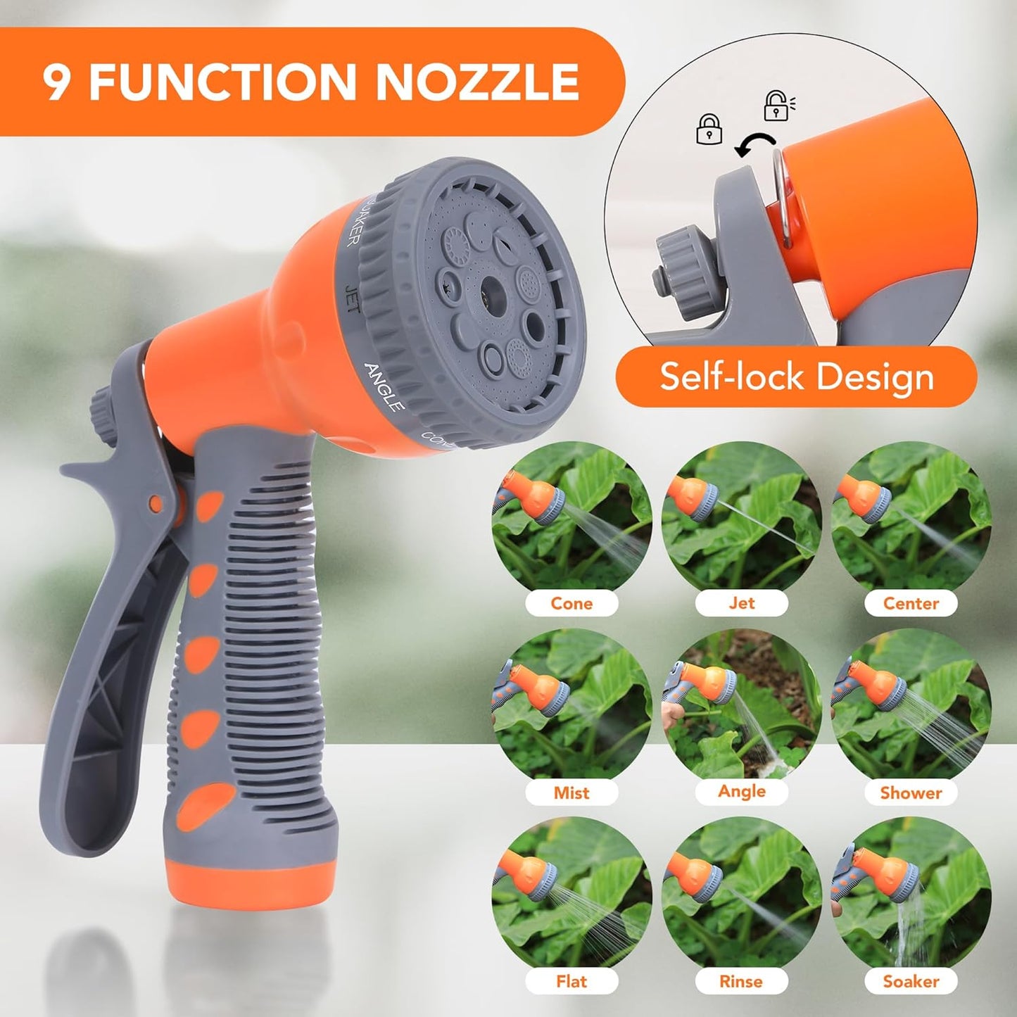 GAOMON Retractable Garden Hose Reel - 1/2 in x 100 ft, Wall Mounted, 9-Function Sprayer, Any Length Lock, 180° Swivel, Automatic Rewind & Slow Return System