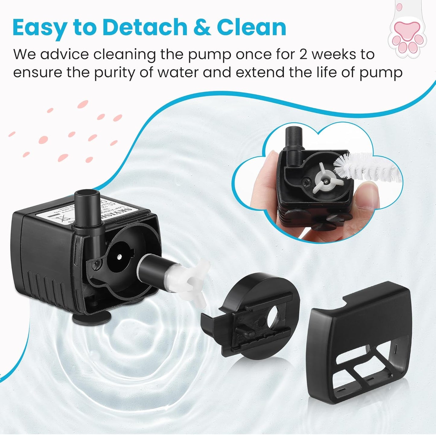 Dreyoo Pet Water Fountain Pump Compatible with PioneerPet Smartcat Fountain, 50 GPH 2W Cat Water Fountain Pump Replacement with Cleaning Brush Kit for Cat Water Dispender Pet Drinking Fountain