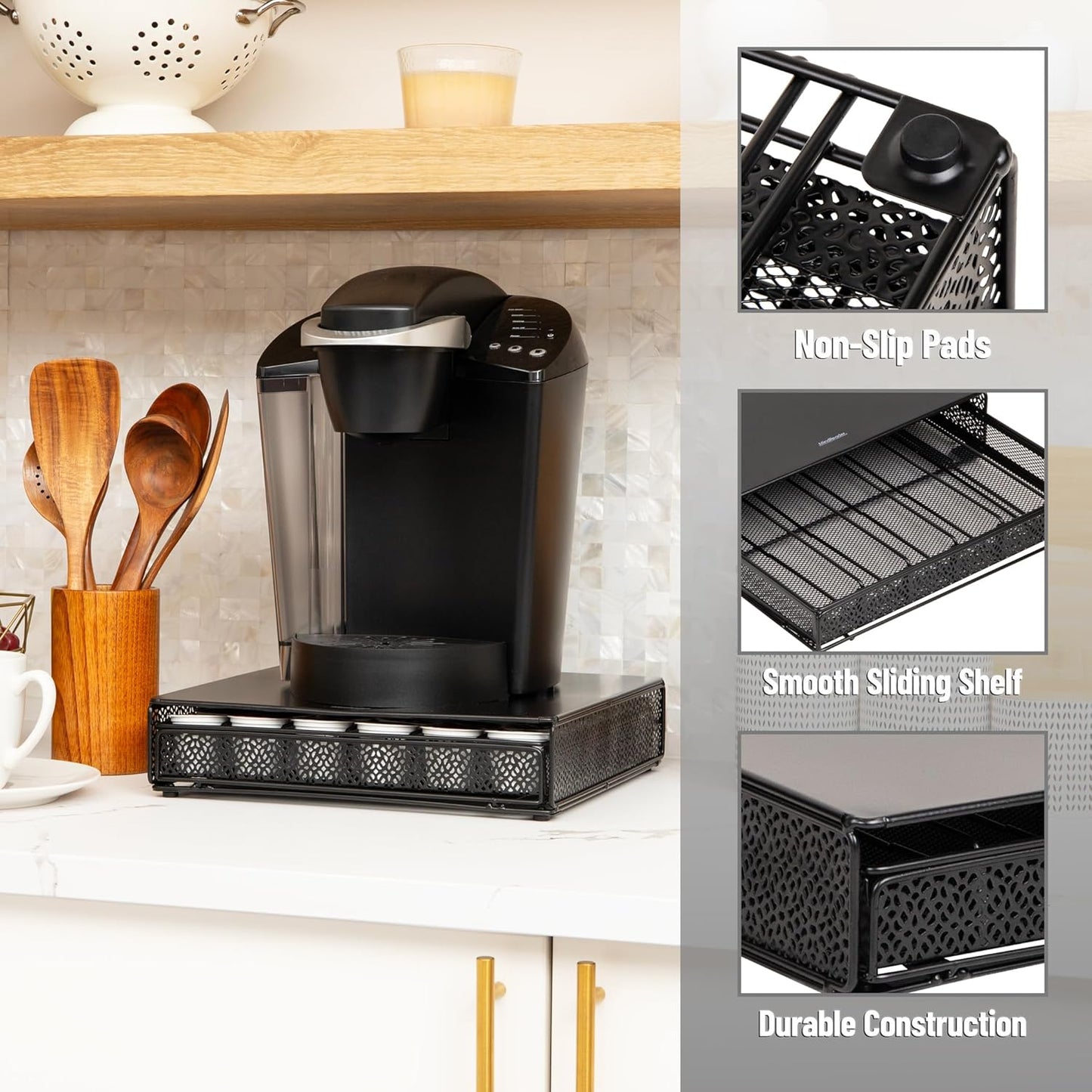 Mind Reader Single Serve Coffee Pod Drawer, 36 Pod Capacity, Countertop Organizer, Removable Dividers, Metal, Black