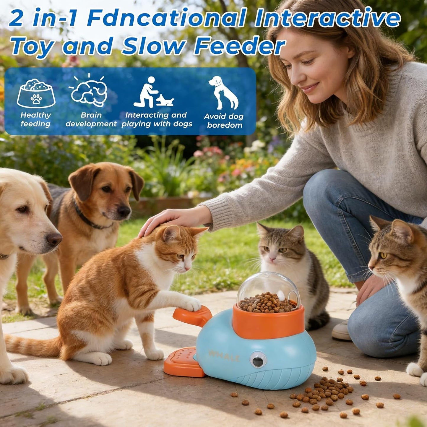 2-in-1 Interactive Dog Toy Food Puzzle Slow Feeder, Duck Shaped Toy cat Snack Dispenser can Reduce Abdominal Bloating (Yellow Duck and Light Blue Whale)