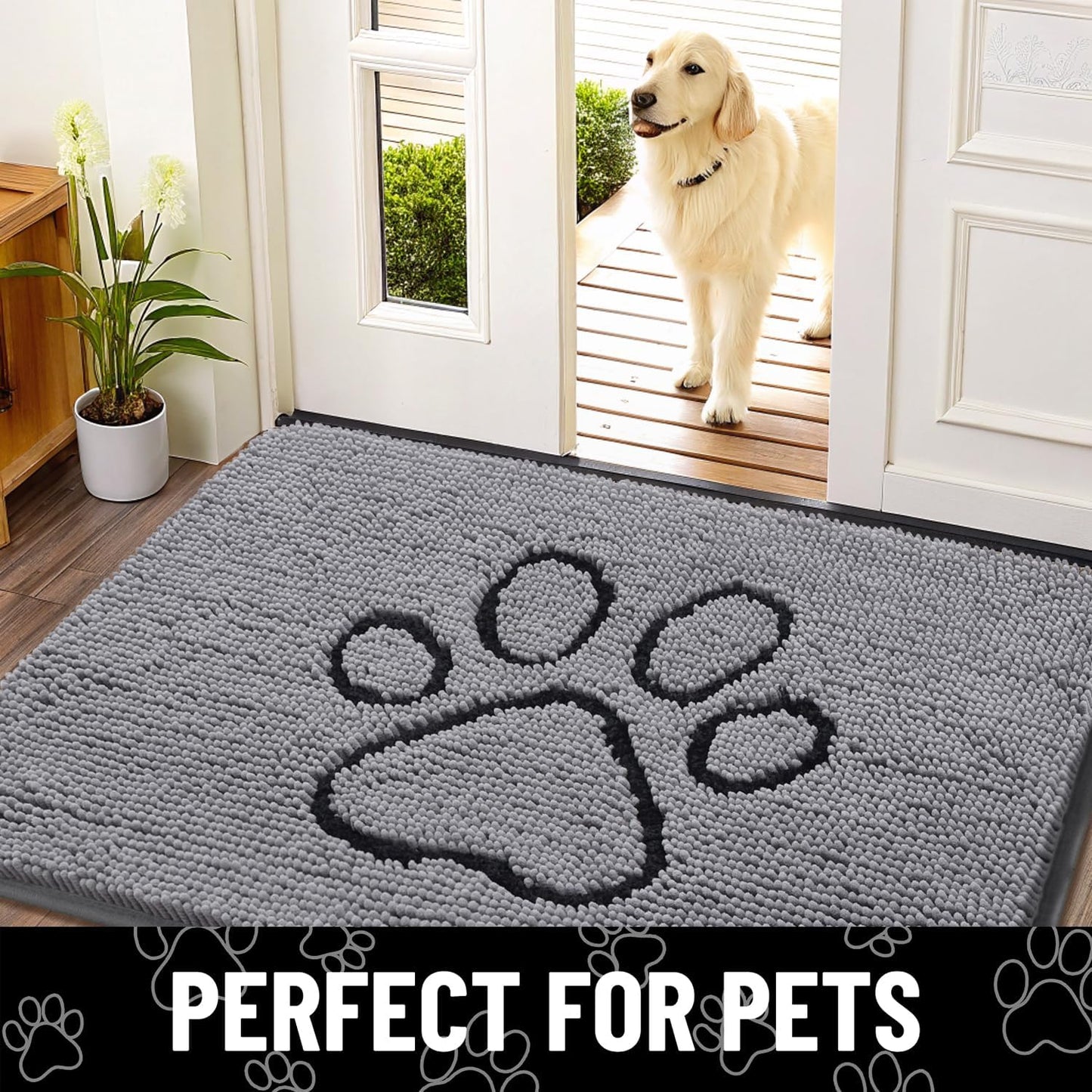 Smiry 2 Piece Dog Door Mat for Muddy Paws, Absorbent Dirt Trapper Non Slip Quick Dry Washable Chenille Mat for Mud Dogs, Entry Rug for Indoor and Outdoor (30x20 Inches, Grey)