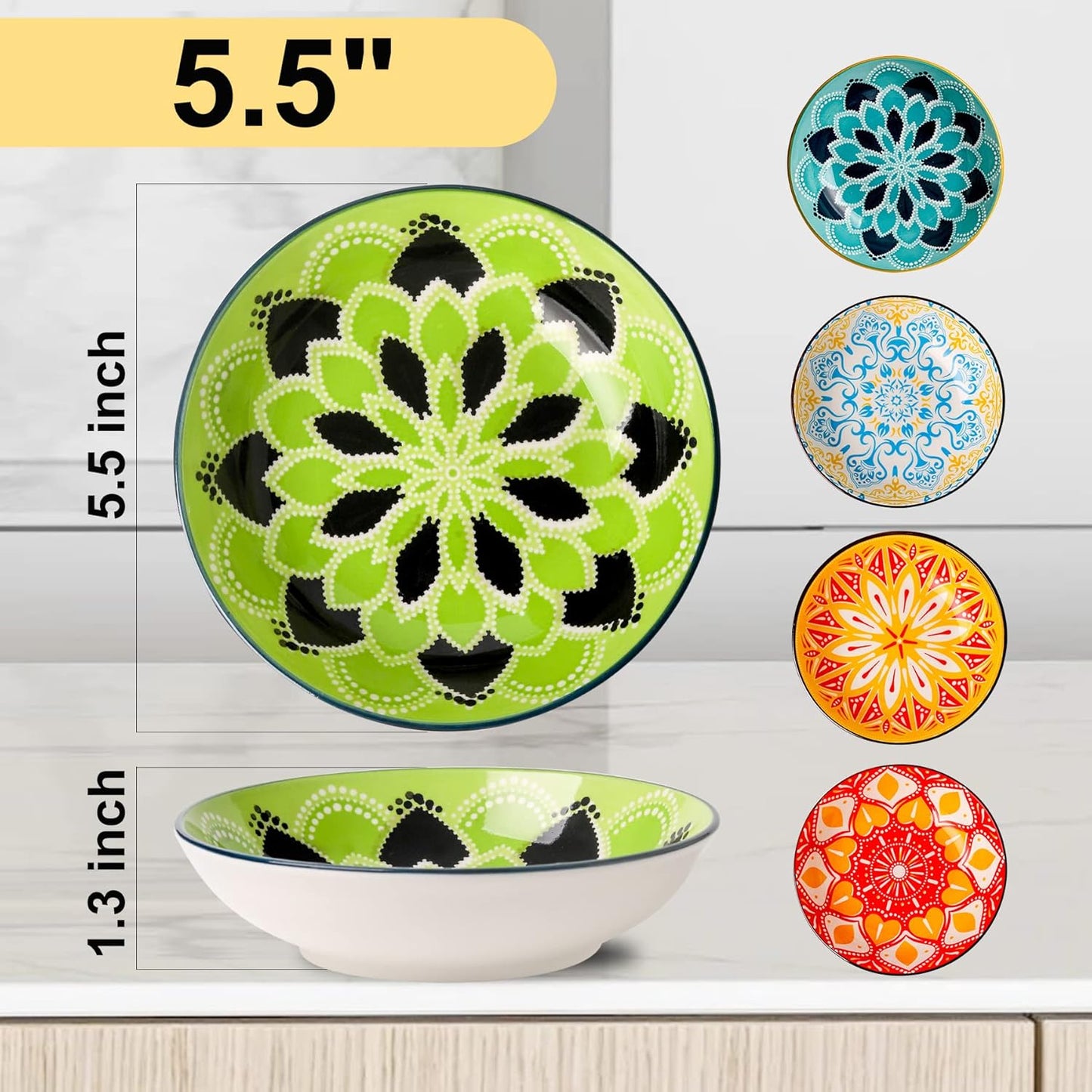 Boho 5 Ceramic Cat Bowls with Silicone Mat, 5.5 inch Wide Shallow Cat Food Bowl for Whisker Relief