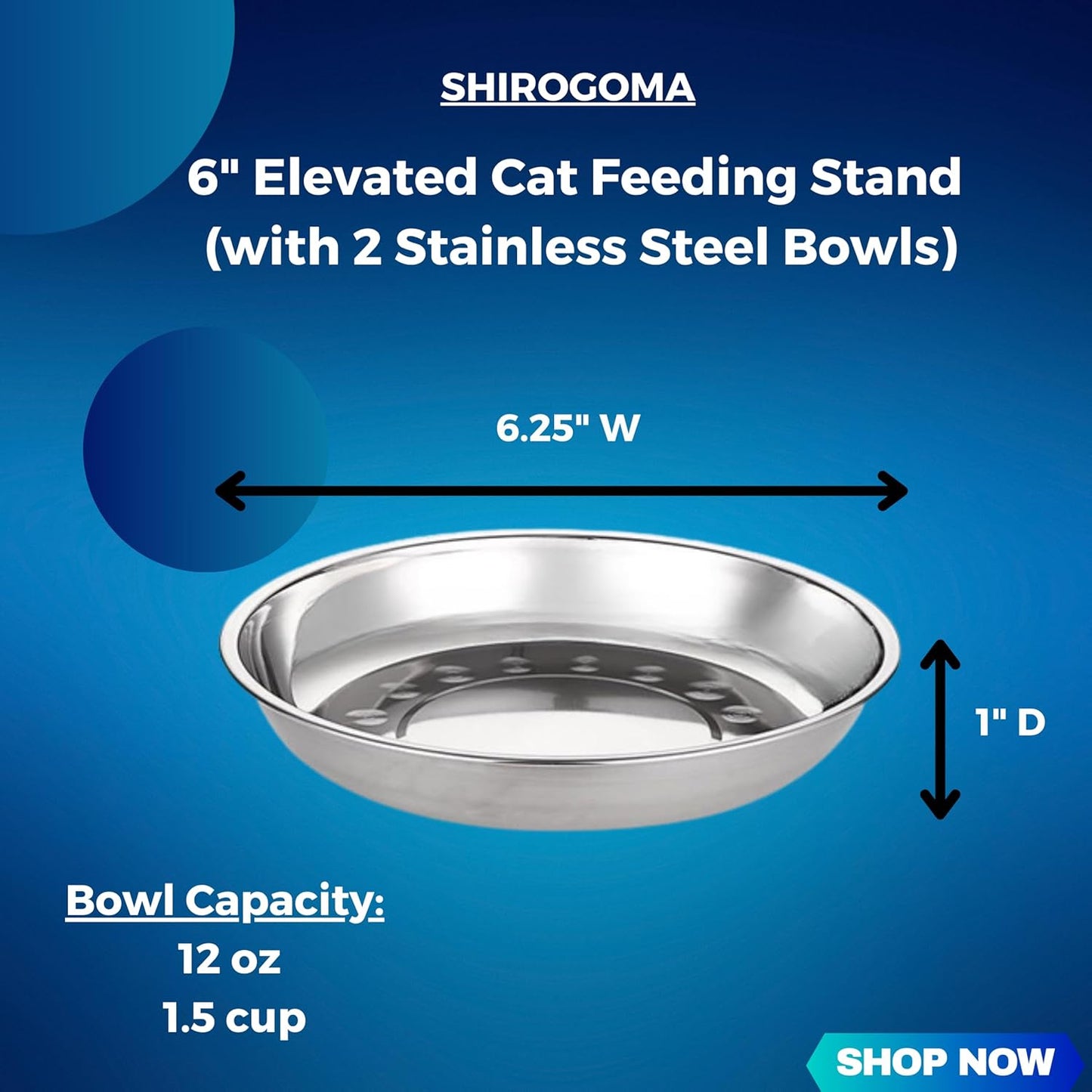 Raised Cat Bowls, 6.25 in wide, 6" Elevated Cat Feeding Stand (with 2 Stainless Steel Bowls: 12 oz/1.5 cup), Small Dogs, Rabbits, Anti-Vomit, Whisker friendly, 6 x 8 x 8 in, Acacia Wood