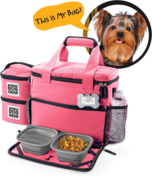 Mobile Dog Gear, Week Away Dog Travel Bag for Small Dogs, Includes Lined Food Carriers and 2 Collapsible Dog Bowl, Pink