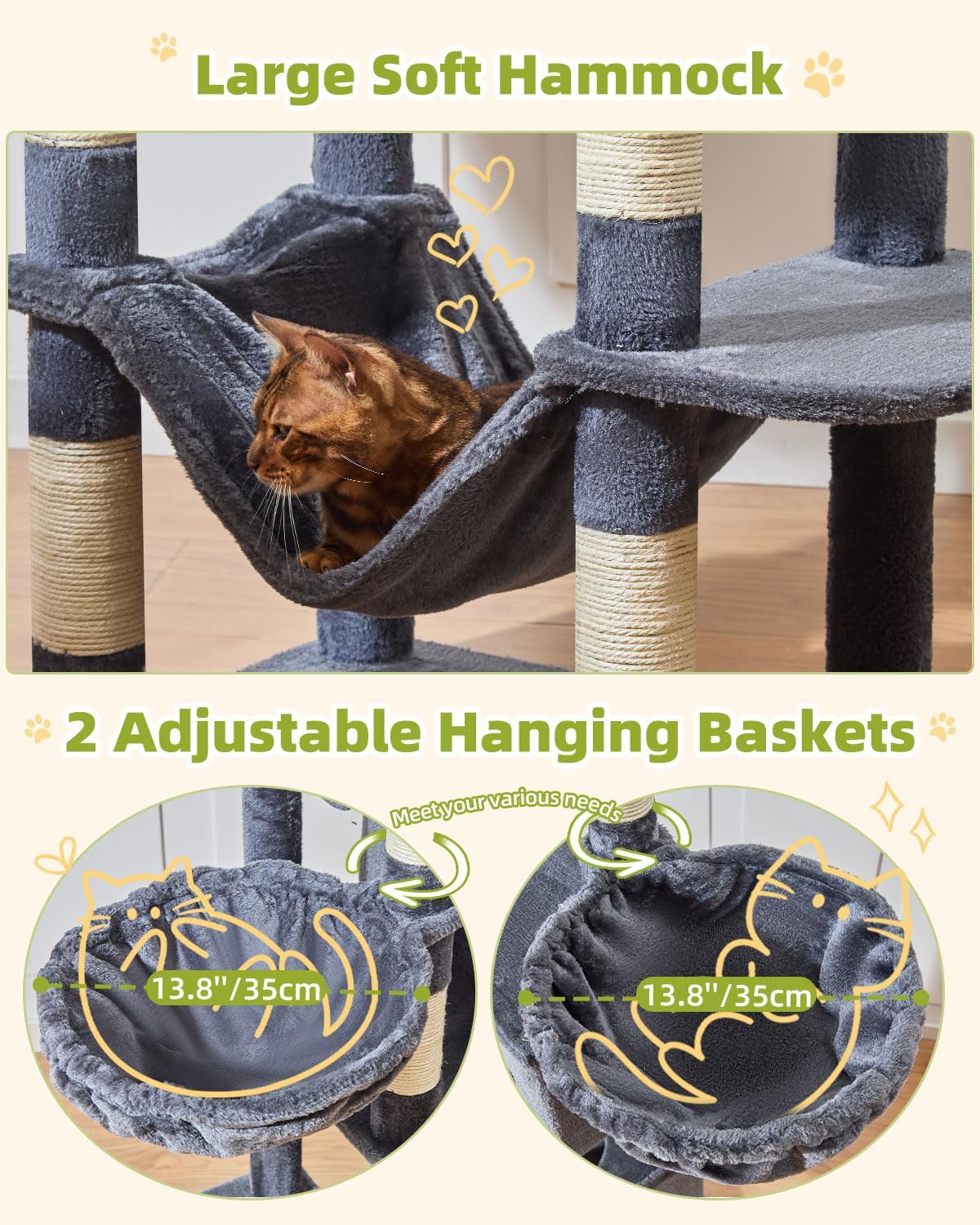 Taoqimiao Cat Tree Tower, 76-Inch Sturdy Cat Tree for Indoor Cats Large Adult Cat Tower with Scratching Posts，2 Condos, 2 Perches, 2 Large Hanging Baskets, Soft Hammock, MS046G Smoke Gray