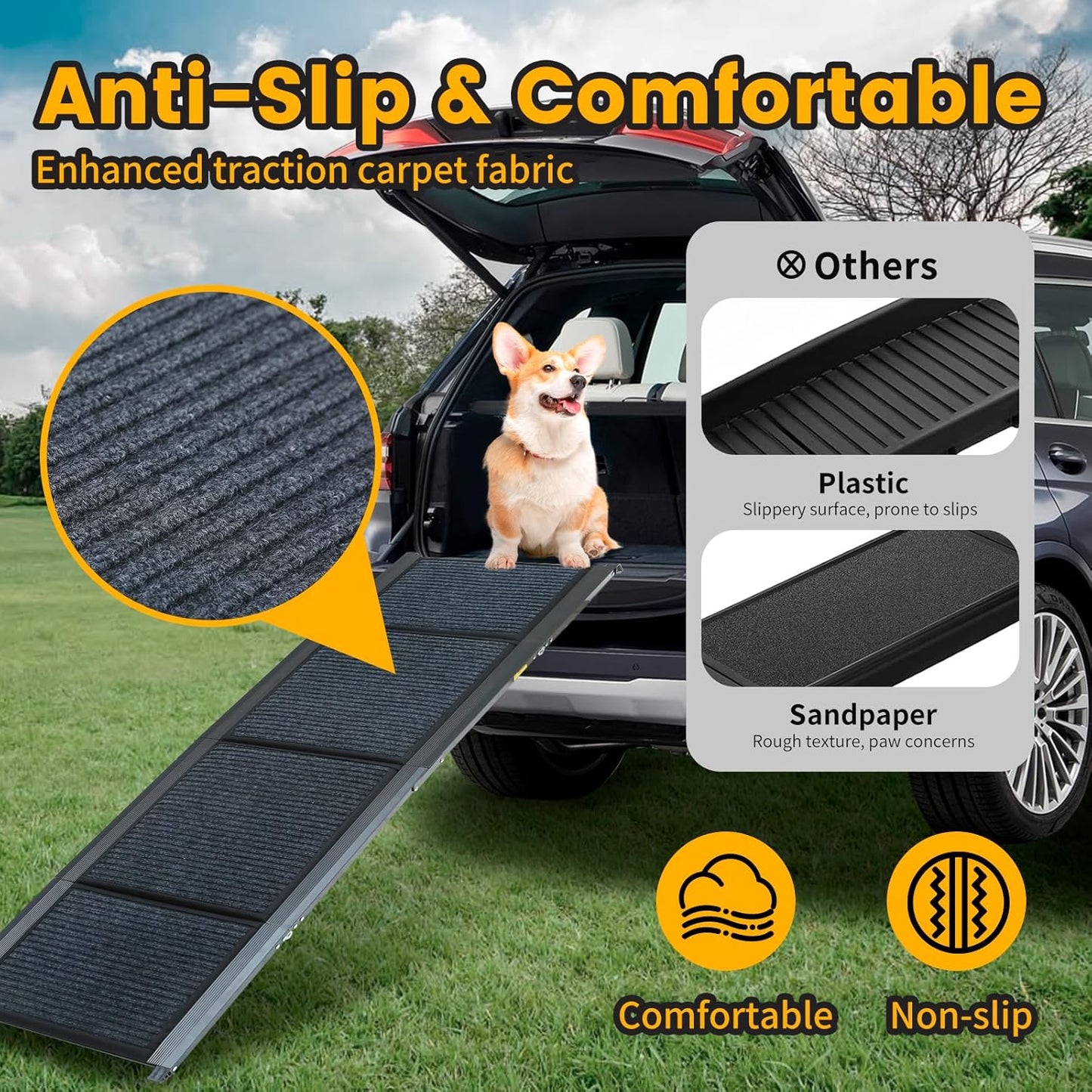 PawStep 63” x 17” Foldable Aluminum Dog Ramp – 63-Inch Length for Standard Cars & SUVs, 250 lb Capacity, Lightweight Four-Fold Portable Pet Ramp (51014)